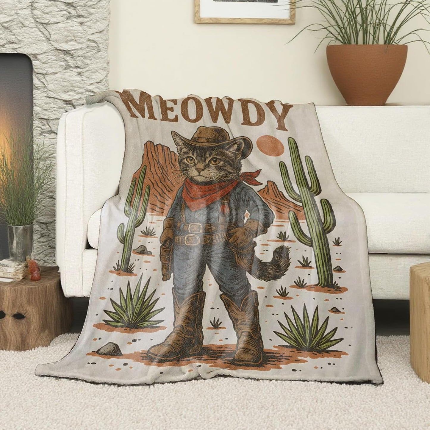 Cowboy Cat Blanket, Soft Cozy Lightweight Cute Kitten Throw Blanket for Women Cat Lovers Kids, Western Country Style Sofa Couch Bed 50x60 Inch Flannel Blankets for Travel Decor Gifts