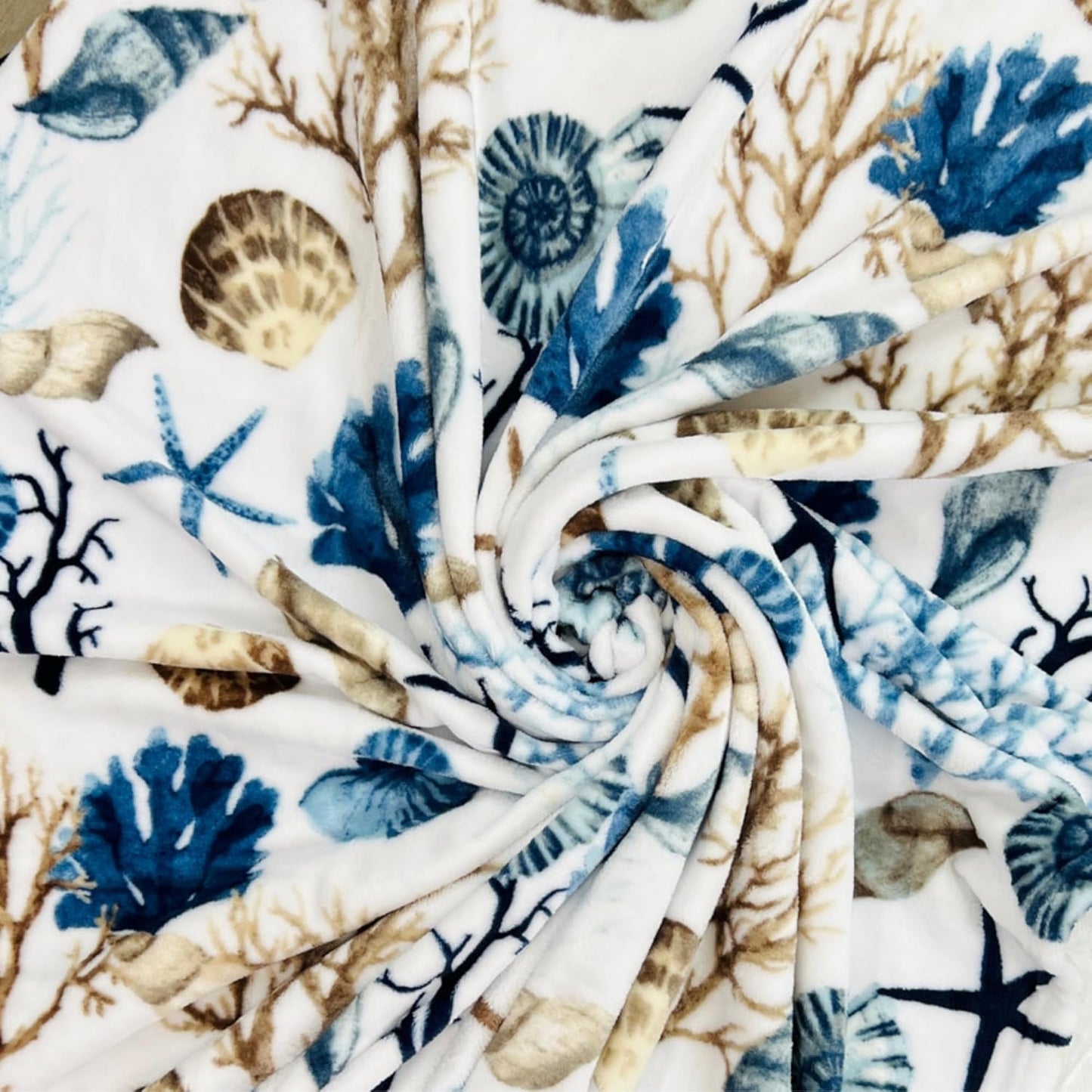 Ocean Life Coastal Throw Blanket: Soft Plush Velvet Fleece Blues Greys and Beige Brown on White, Accent with Shells Coral and Starfish, 50" x 70" Inches (Coral Reef)