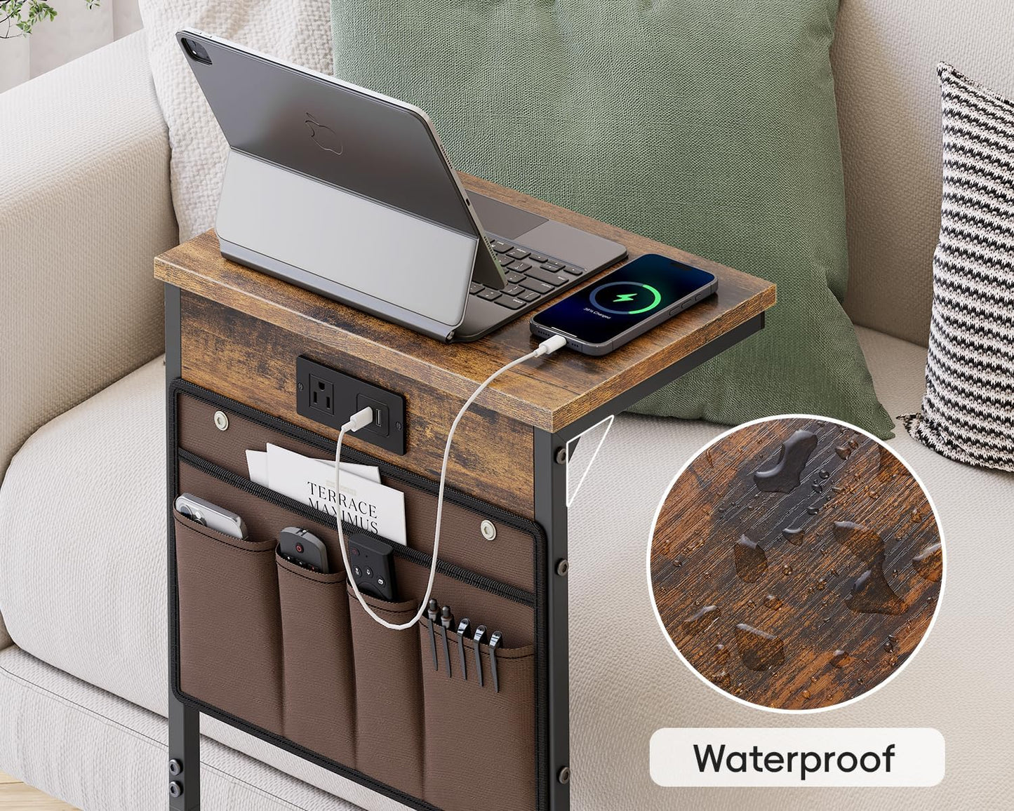 Vagusicc C Shaped End Table with Charging Station, 28" Tall Side Table for Couch, Sofa Table Small Couch Side Coffee Tables, Slide Under Sofa TV Tray Arm C Table for Living Room, Bedroom, Bedside