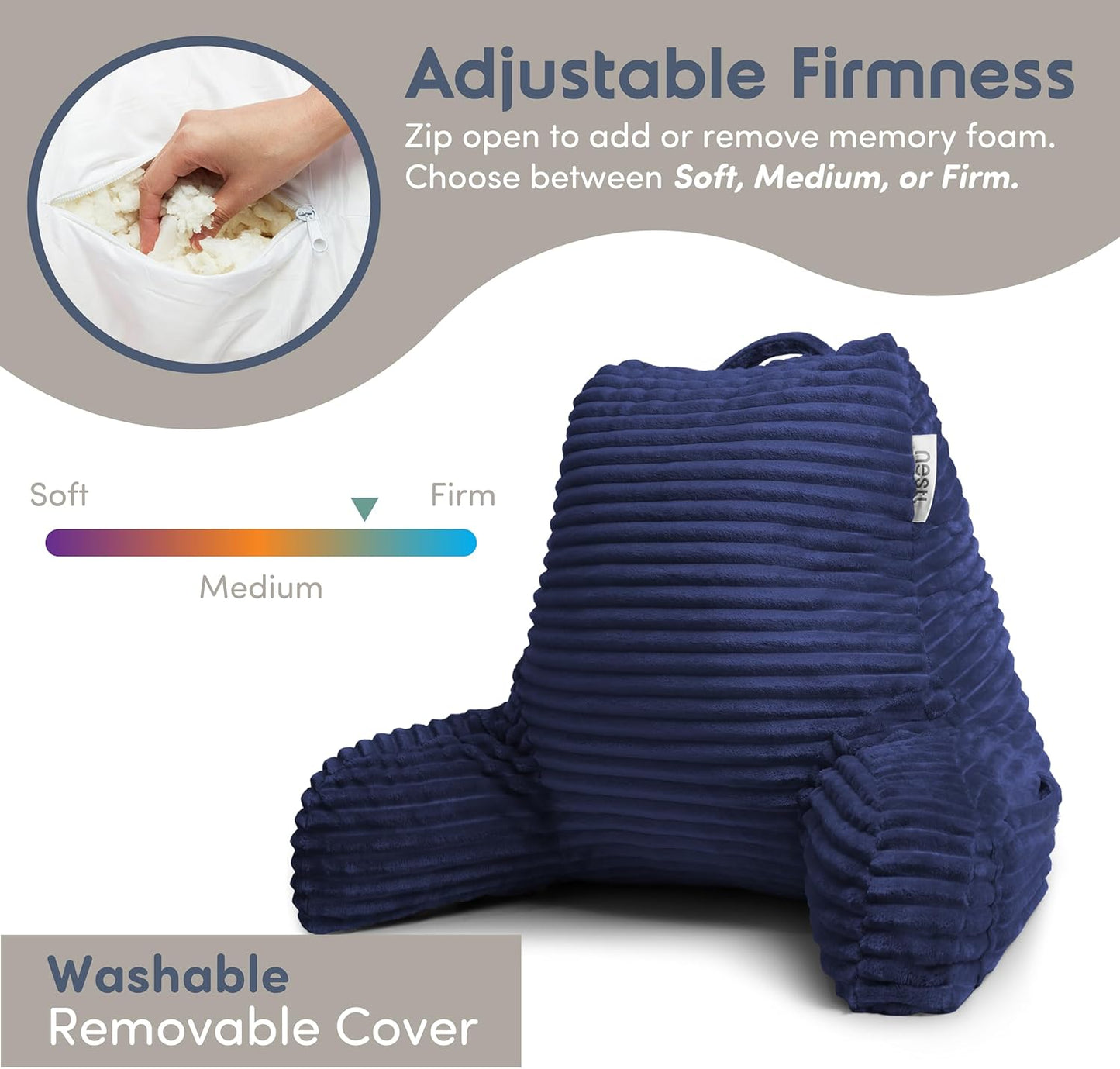 Nestl Reading Pillow with Shredded Memory Foam, Luxe Cut Plush Back Pillow for Sitting Up in Bed, Back and Arms Adjustable Support for Adult & Teens, Backrest Pillows with Washable Cover Navy Blue
