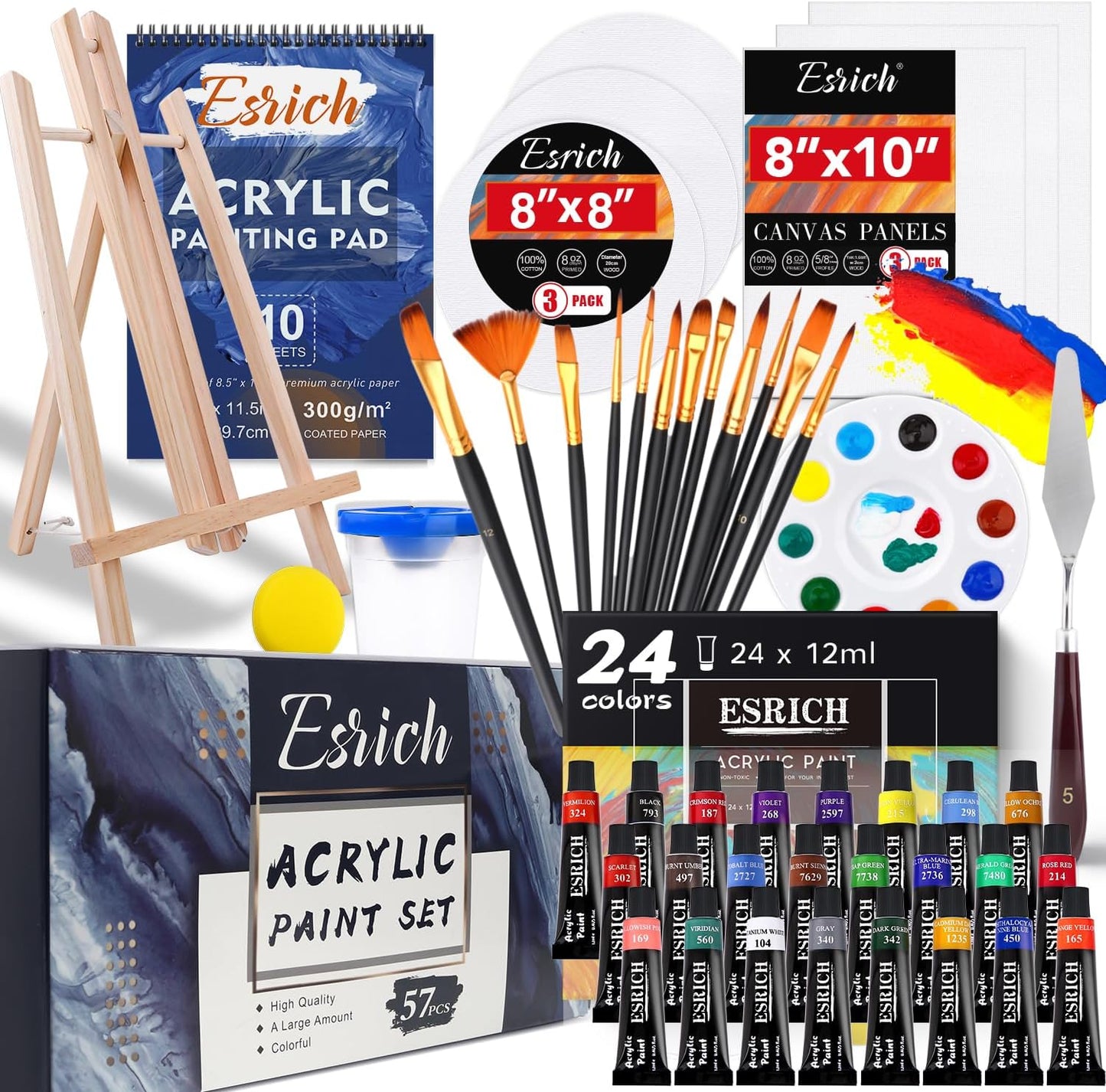 Acrylic Paint Set,57 PCS Professional Painting Supplies with Paint Brushes, Acrylic Paint, Easel, Canvases, Painting Pads，Palette, Paint Knife, Brush Cup and Art Sponge for Hobbyists and Beginners
