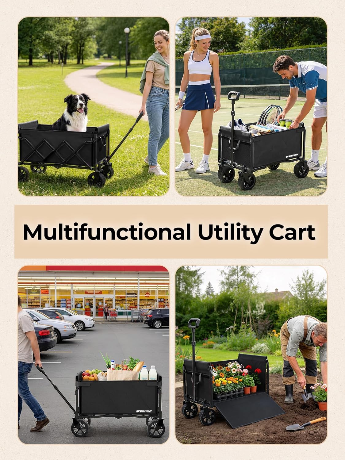 Collapsible Wagon, Folding Utility Cart with Wide Wheels, Lightweight Grocery Shopping Cart for Apartment Living, Gardening, Pet Carrier, Easy Fold & Low-Entry Design (Black)