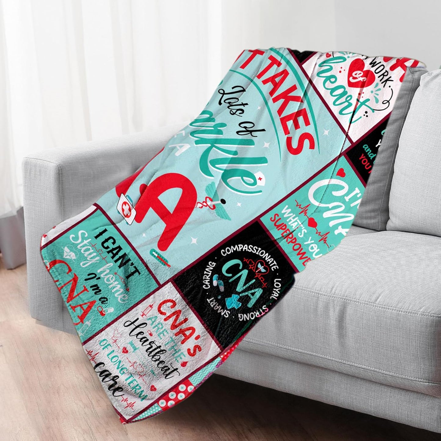 CNA Gifts Throw Blanket, Inspirational Quotes Print Soft Cozy Comfy Teal Flannel Blanket 50x60, Gift for Certified Nursing Assistant, Home Decor for Bed Sofa