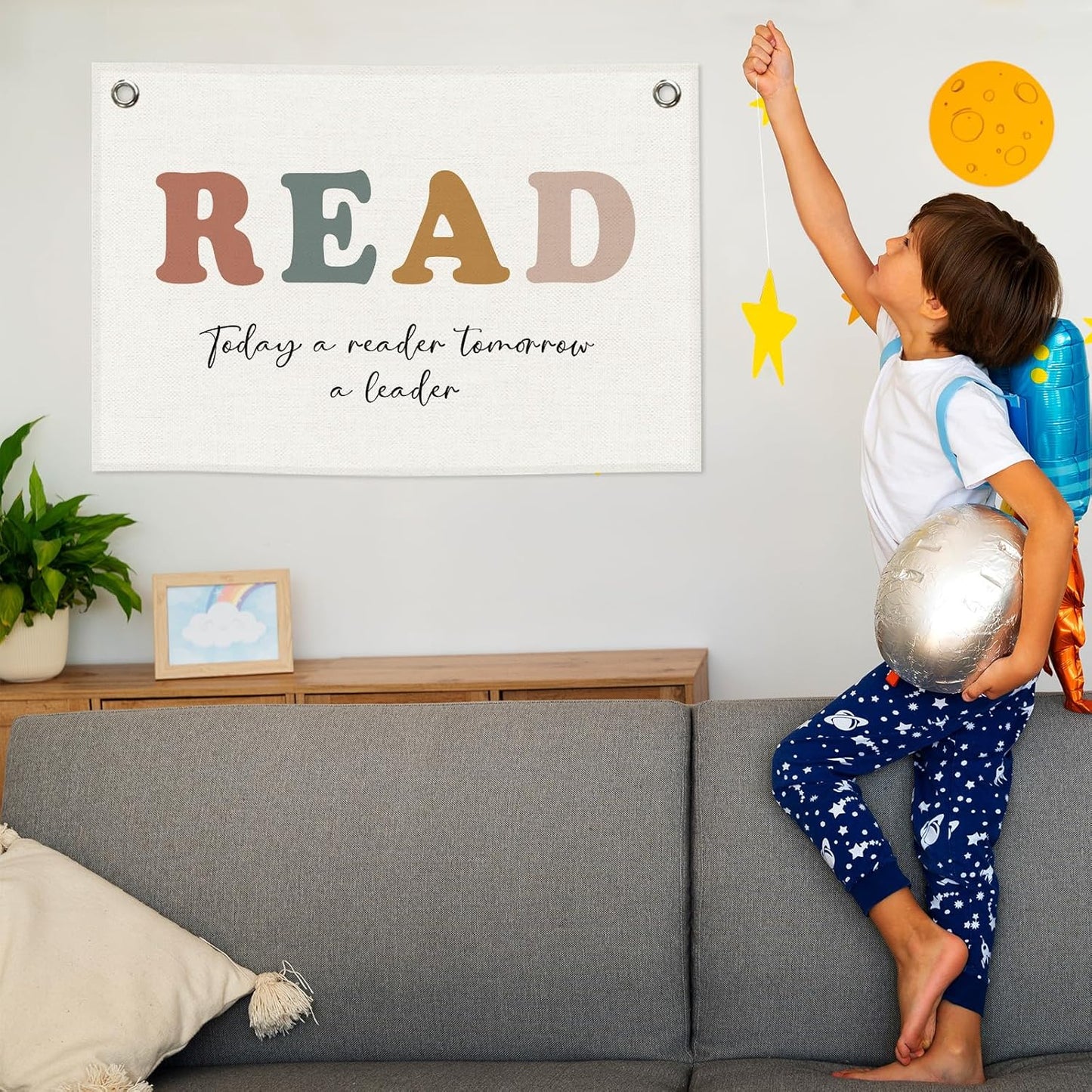 Read Banner, Boho Reading Kids Room Decor for Book Lovers Library, Nursery Today A Reader Tomorrow A Leader Canvas Flag Wall Hanging Decor Art for Playroom Toddler Room Reading Nook 20x30in