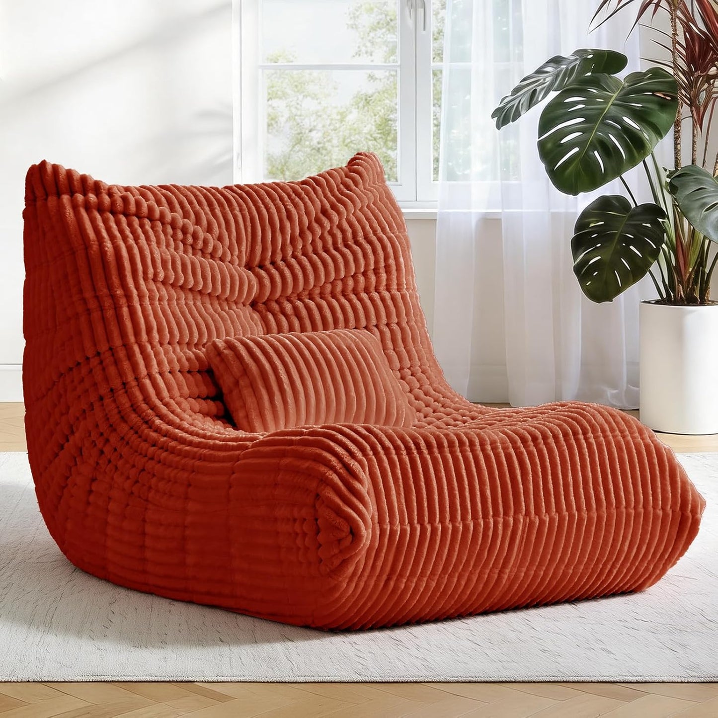 Bean Bag Chair with Lumbar Pillow, Gaint Bean Bag Chairs for Adults, Oversized Corduroy Beanbag Chair with Memory Foam Filled, Lazy Floor Sofa for Reading Gaming Living Room Bedroom (Orange)