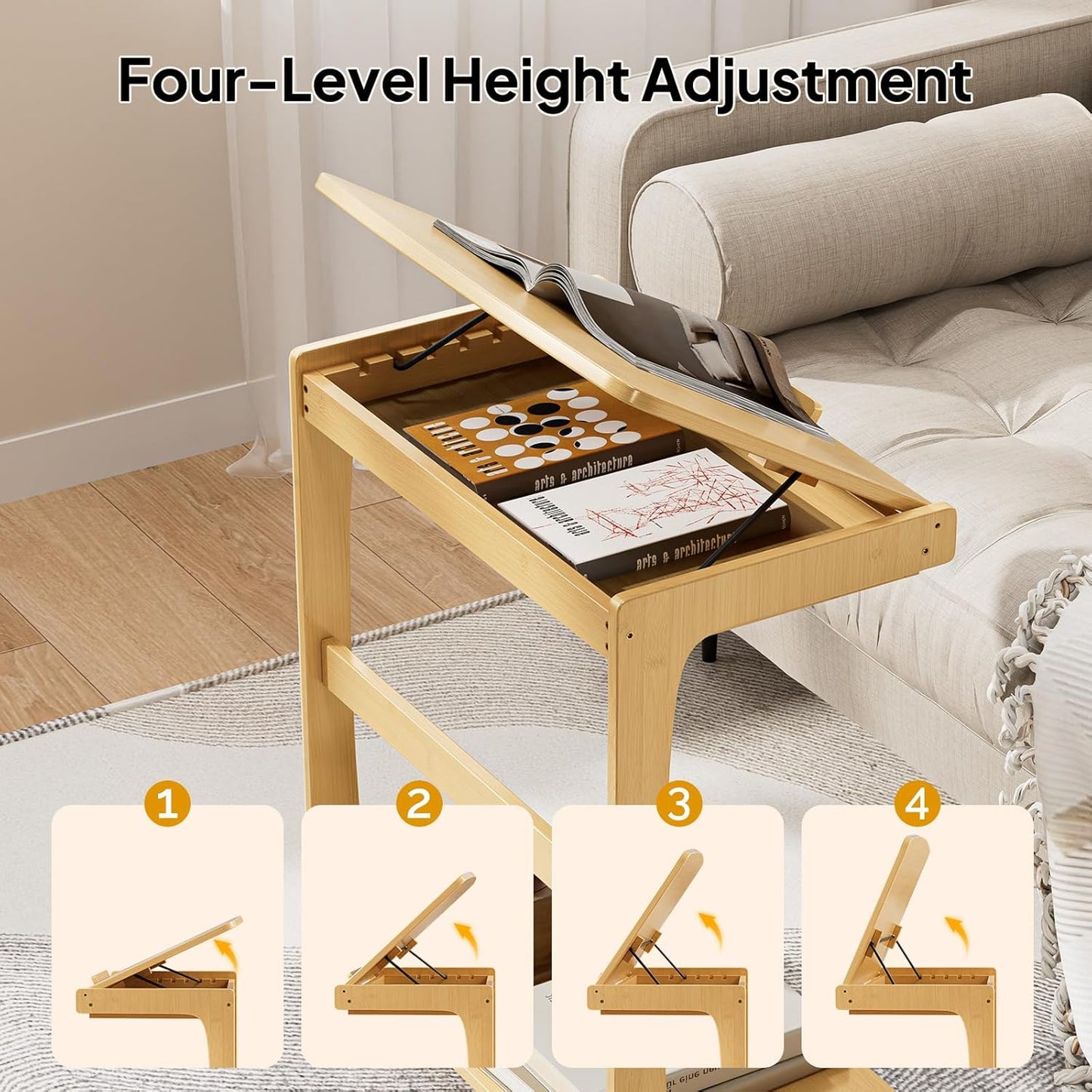 C Shaped Side Table, Rolling Bamboo End Table with Adjustable Tilt Top & Storage Shelf, Small Couch Table with Wheels for Living Room, Bedroom, Natural