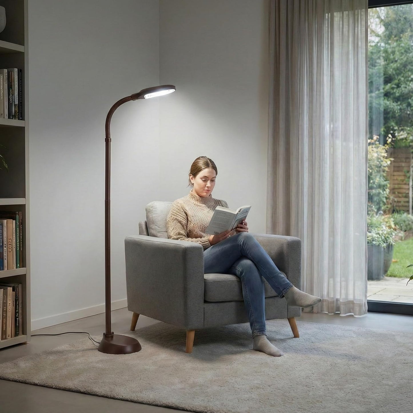 Lavish Home Adjustable Floor Lamp - Full Spectrum Natural Sunlight Lamp and Bendable Neck - Reading, Crafting, Esthetician Floor Light (Woodgrain)