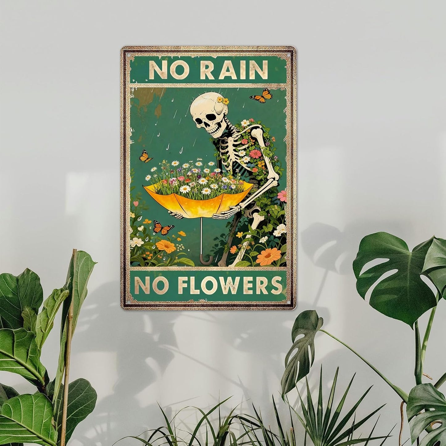 Retro Garden Metal Signs Vintage Skull Poster - No Rain No Flowers Sign, Floral Skull & Umbrella Wall Art Decor for Home, Garden, Bedroom, Living Room 8x12 Inch