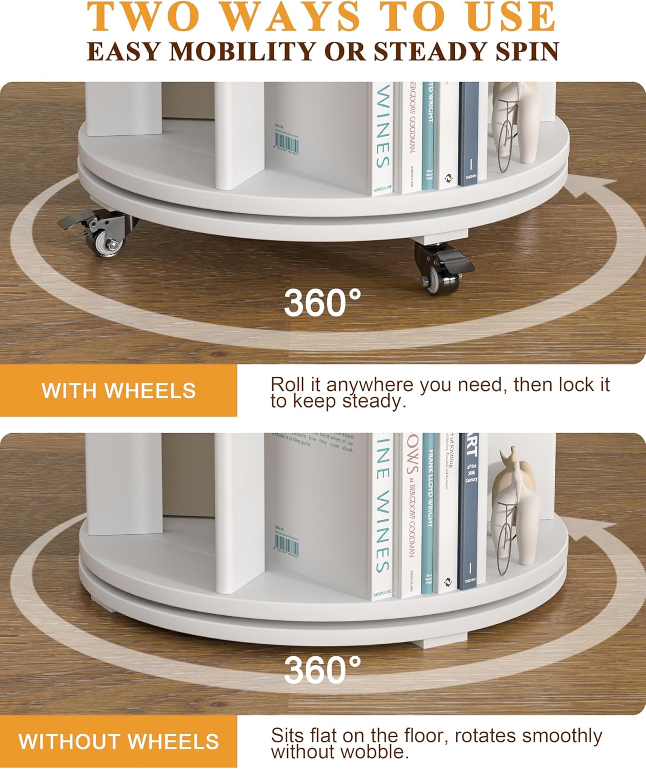 Rotating Bookshelf, 4-Tier Solid Wood Spinning Bookcase with Wheels, 360° Revolving Bookshelf Tower with Lockable Casters, Compact Round Book Tower for Kids Room, Bedroom, Small Space, White