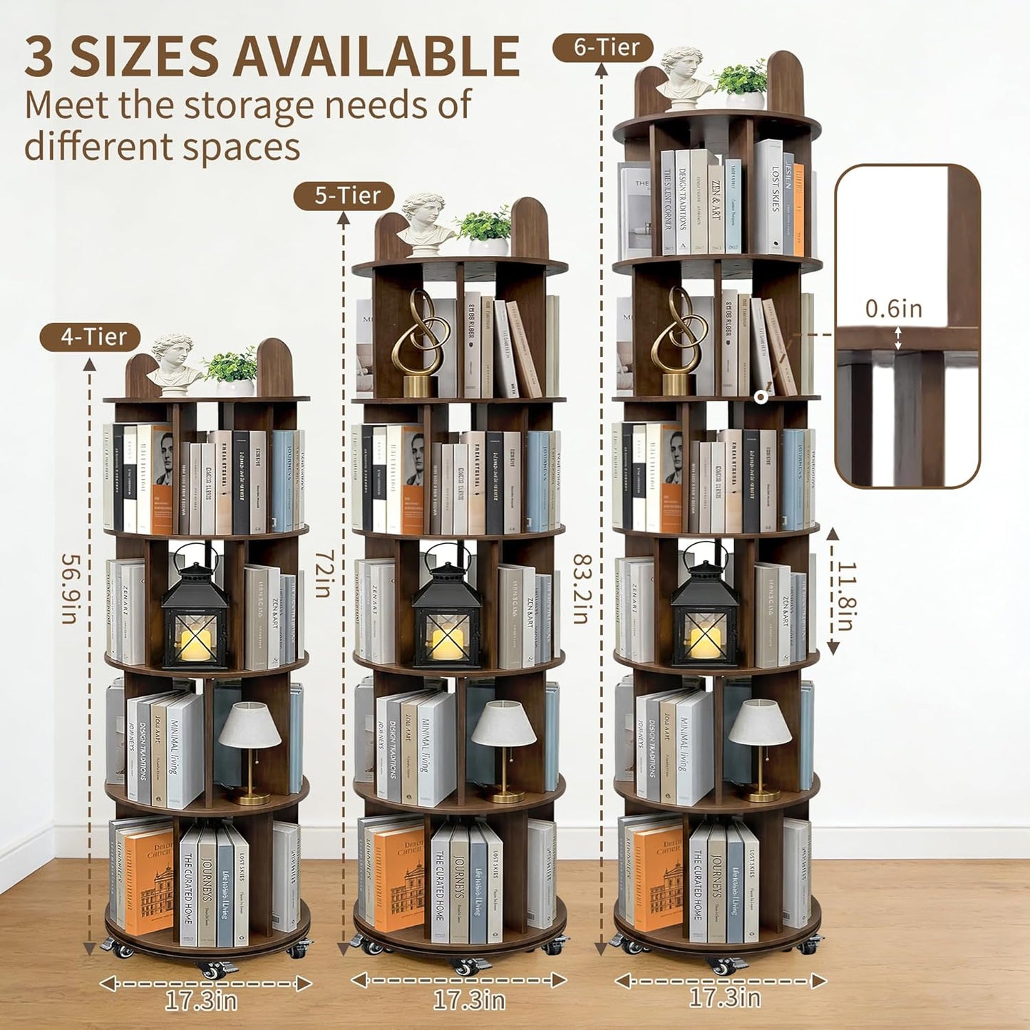 Kryonix Solid Wood Rotating Bookshelf on Wheels, Spinning Bookshelf Tower 5 Tier, 360° Revolving Bookcase, Multi-Functiona Corner Round Turning Book Shelf Organizer for Small Spaces, Walnut