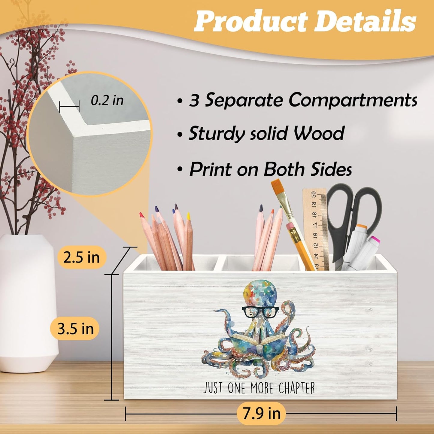Book Lovers Gifts Pen Holder Organizer for Desk Accessories, Just One More Chapter Octopus Bookish Wooden Box Desk Decorations for Kids Reading Corner Nook Room Classroom Decor