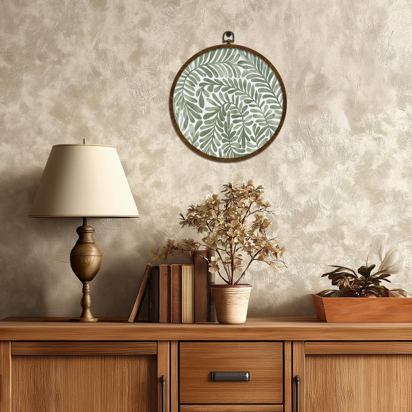 KLYTINK Boho Botanical Leaf Round Wall Art 10"x10", Linen Canvas Floral Print,Vintage Green Aesthetic Wall Decor for Bedroom, Living Room, Home Decoration, Gift for Christmas(BY805)