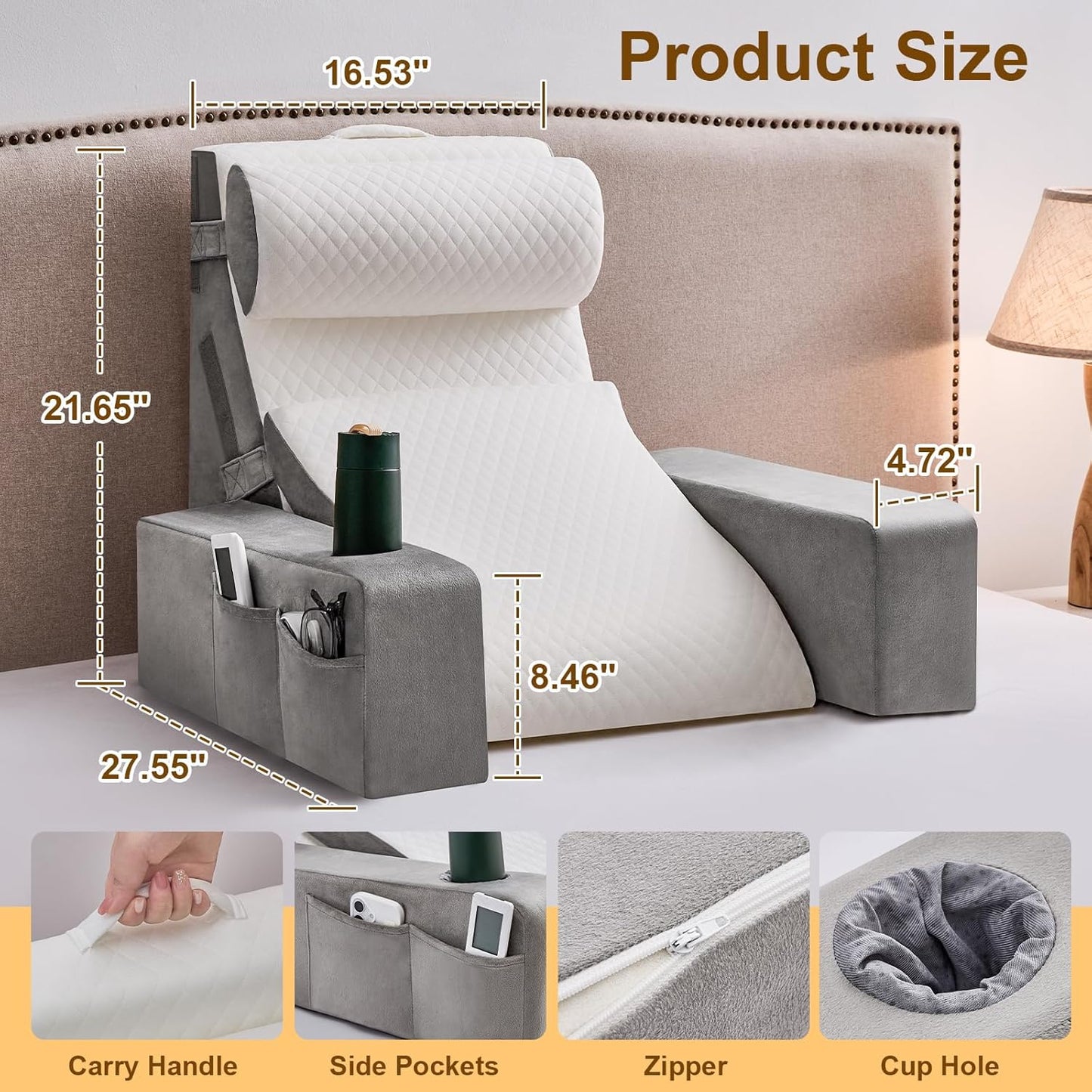 Reading Pillow for Sitting in Bed Adult, Back Pillow for Bed Sitting up with Arms, Pockets and Cup holder, Sit Up Backrest Pillows for Beds Chair Support, Rest Pillow for Gaming (Light gray, 5PCS)
