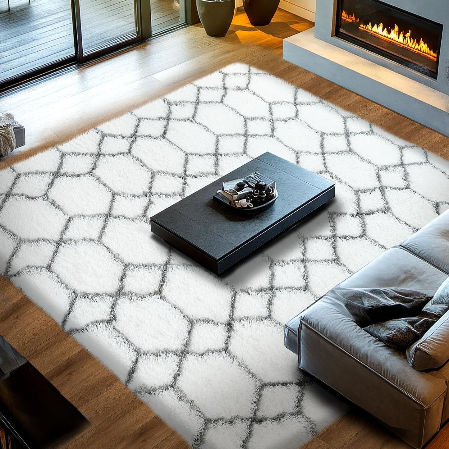 Fluffy Area Rugs for Living Room: White and Grey Geometric Fluffy Rug- 8x10 Feet Geometric Large Soft Plush Shaggy Rug- Fuzzy Shag for Living Room, Bedroom (White/Grey, 8x10Feet)
