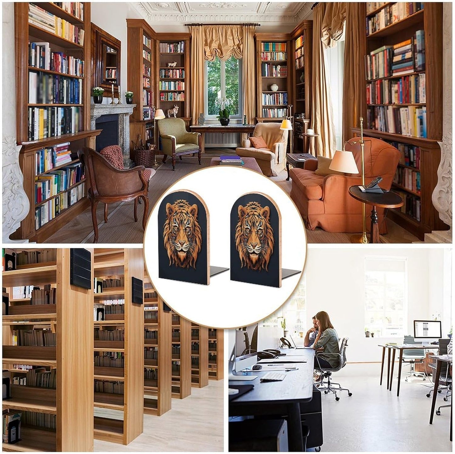 New Year Tiger Logo Design Bookends 1 Pair Heavy Duty Book Ends for Shelves Non-Skid Bookend Supports Wooden Book Holders with Metal Base Desk Organizers Books Storage to Hold Books