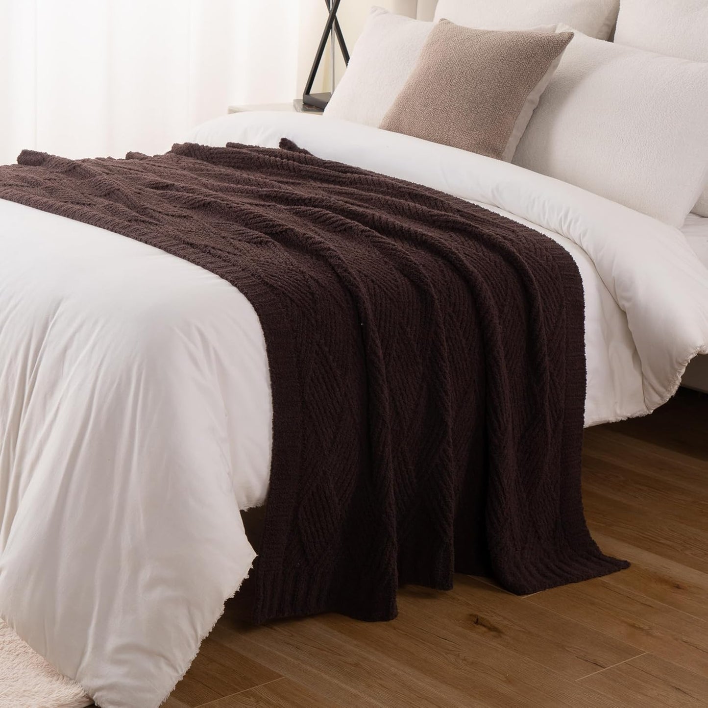 Battilo Brown Chenille Throw Blanket for Couch, Soft Diamond Textured Knit Blanket, Cozy Lightweight Decorative for Sofa, 50"x60"