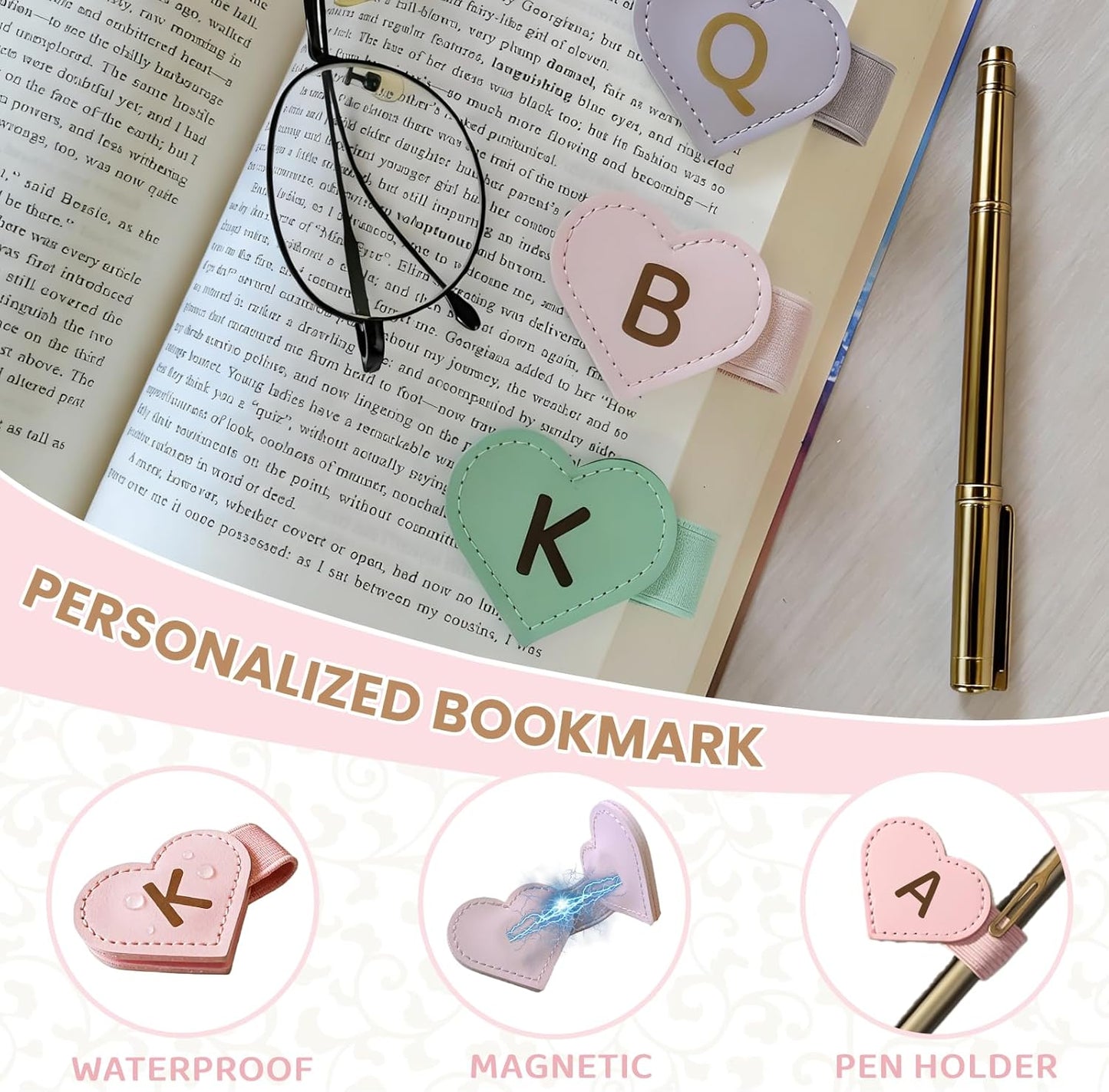 MOTEERLLU Magnetic Leather Bookmark with Pen Holder,Custom Heart-Shaped Bookmarks with Initial for Reading Women,Men,Teachers,Book Lovers Gifts(Pink A)