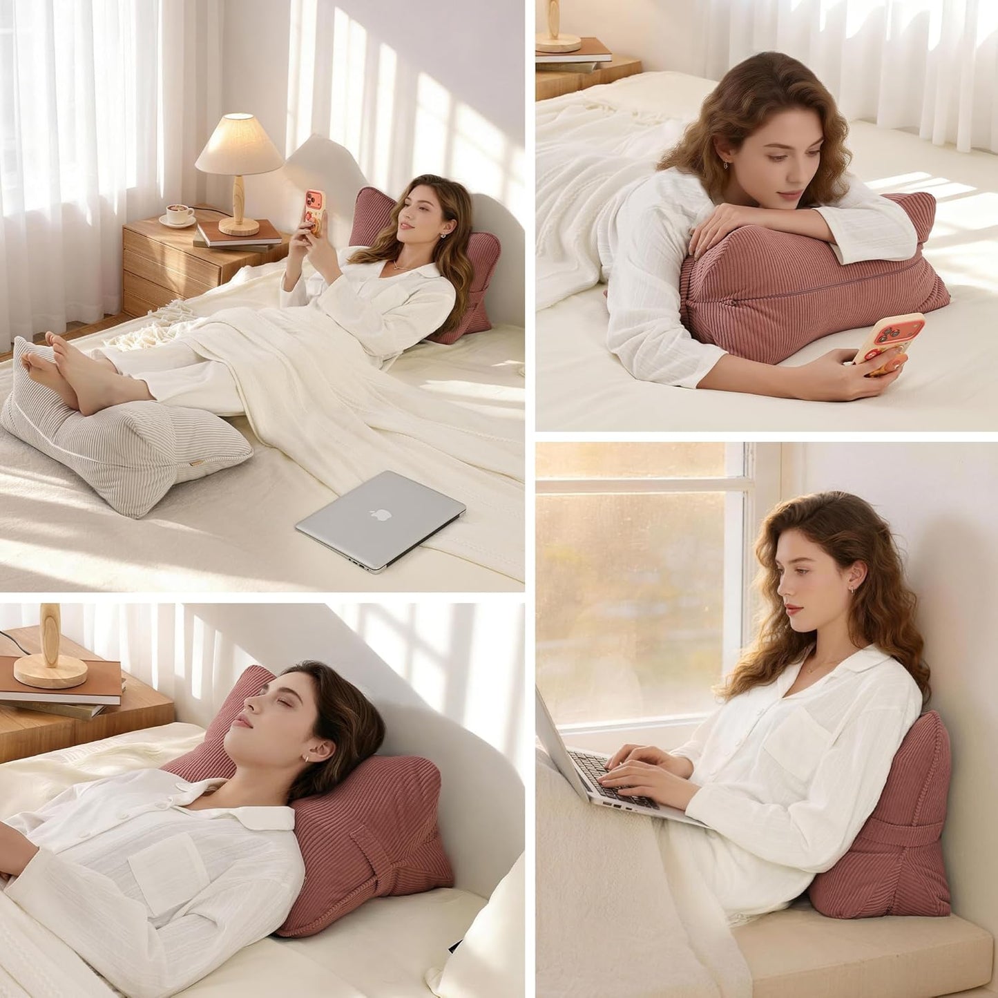 Corduroy Back Pillow for Sitting Up & Reading, Ergonomic Triangle Lumbar Support Cushion for Sofa, Armchair & Bed, Removable Cover, Brick Brown
