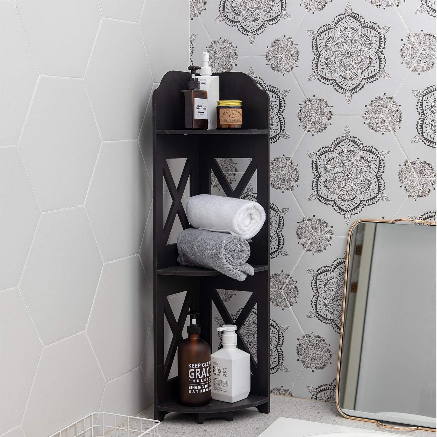 TuoxinEM Corner Table Great for Small Tiny Space Perfectly, Corner Bathroom Shelf Fit for Toilet Paper Storage, Black