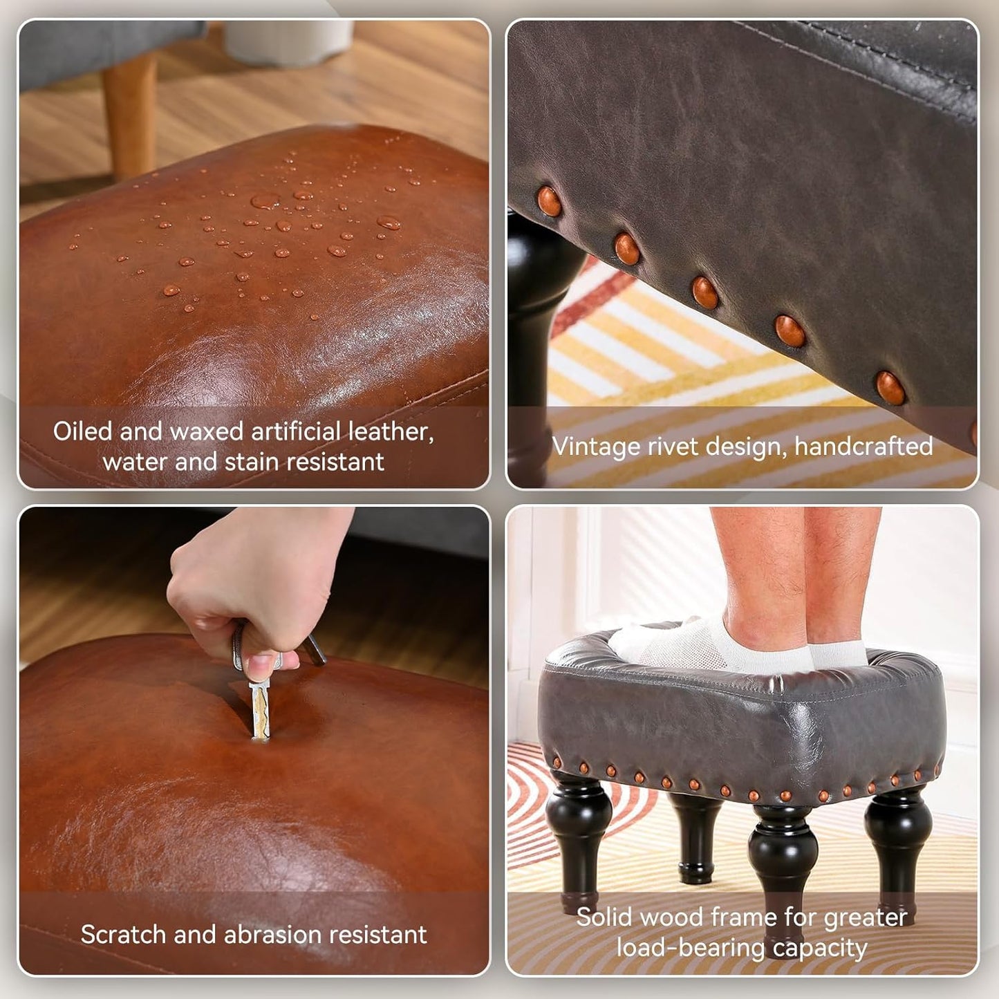 Leather Ottoman Footrest,Rustic Foot Stools Seat,Wood Footstool Rectangle Footrest Small Ottoman for Bedroom,Living Room,Office,Entrance Hall (DEEP Brown)