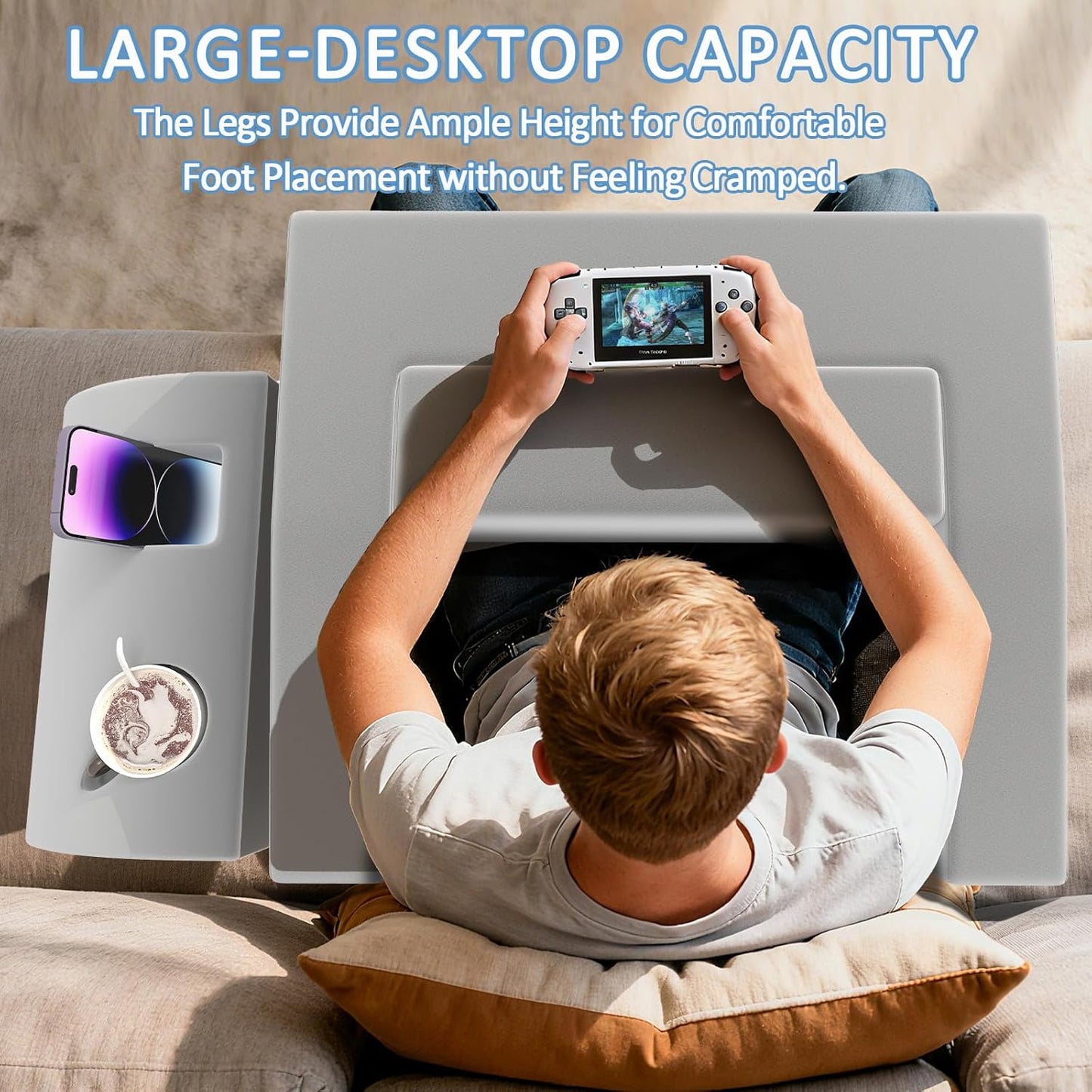 Reading Pillow for Gaming Large Lap Desk for Laptop with Back Arm Rest & Cup Holder for Adult Adjustable Gaming Pillow Memory Foam Bed Desk for Reading, Crochet, Working on Bed Floor Sofa & Couch