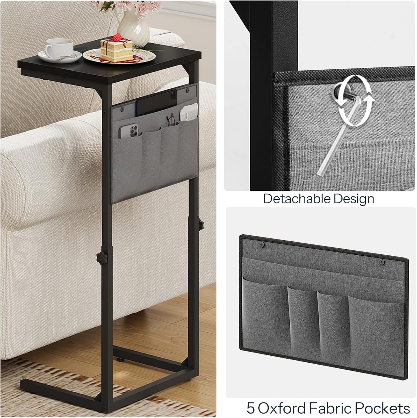 HOOBRO C Shaped End Table, Adjustable Side Table for Sofa, Couch Table that Slide Under, Small Table with Storage Pockets, for Living Room, Bedroom, Black BB77SF01