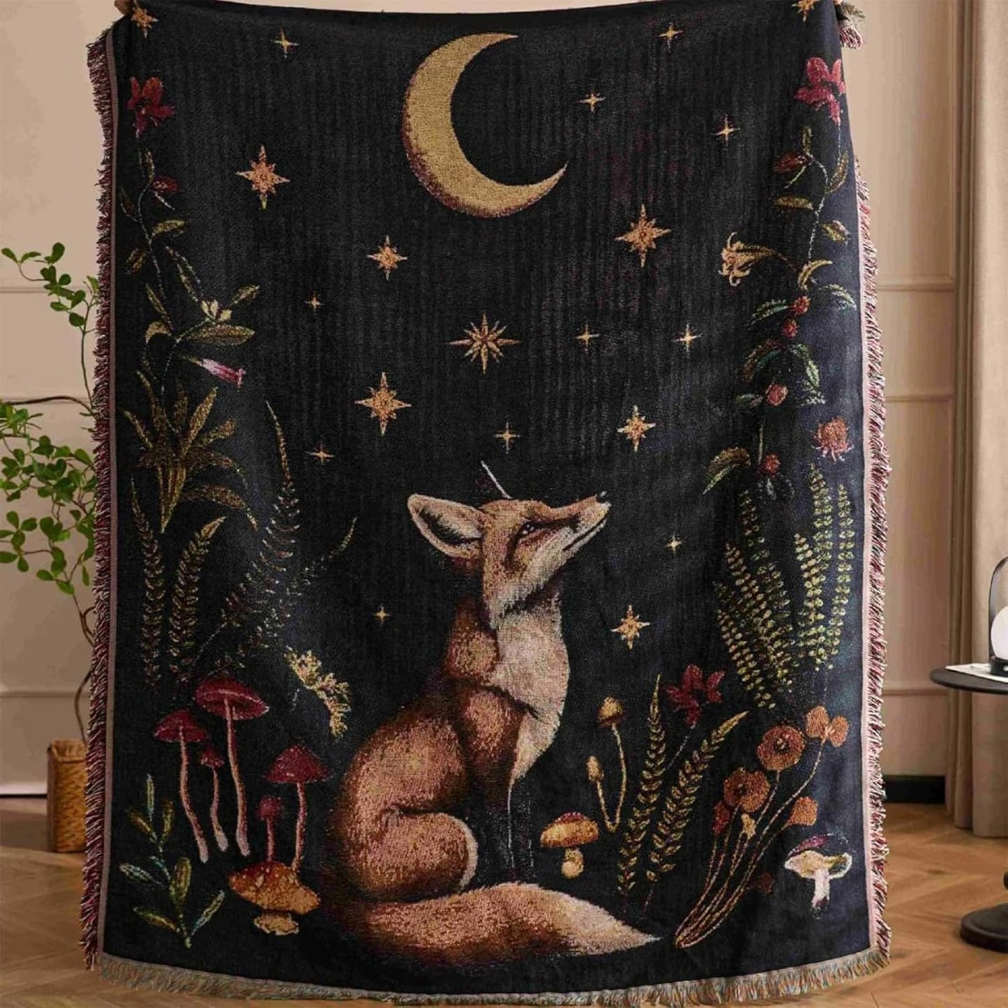 Mystical Fox Moon & Stars Woven Throw Blanket, Floral Tapestry Blanket with Fringe, Cozy Decor for Sofa, Bed, Living Room