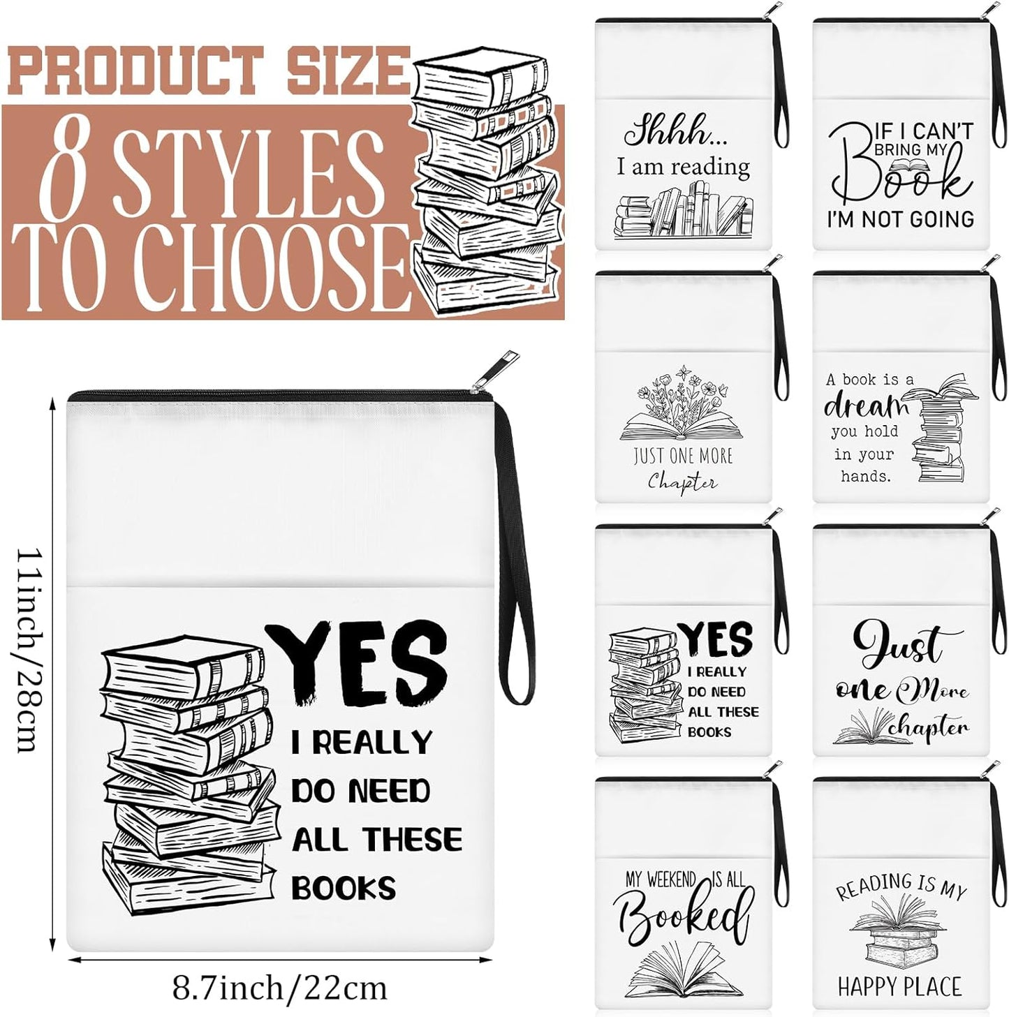 8 Pcs Book Club Gifts Book Pouch Sleeves Bulk with Zipper and Pocket Paperback Sleeve for Librarian Lovers Bookish Group Club Gifts, 11 x 8.7 Inch(Book)