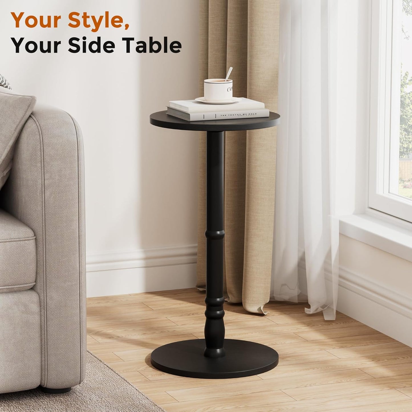 12" Round Side Table, Solid Wood Pillar with Wood Top & Base, Small Drink Accent Table for Living Room, Bedroom, Sofa & Office, Easy Assembly, Black