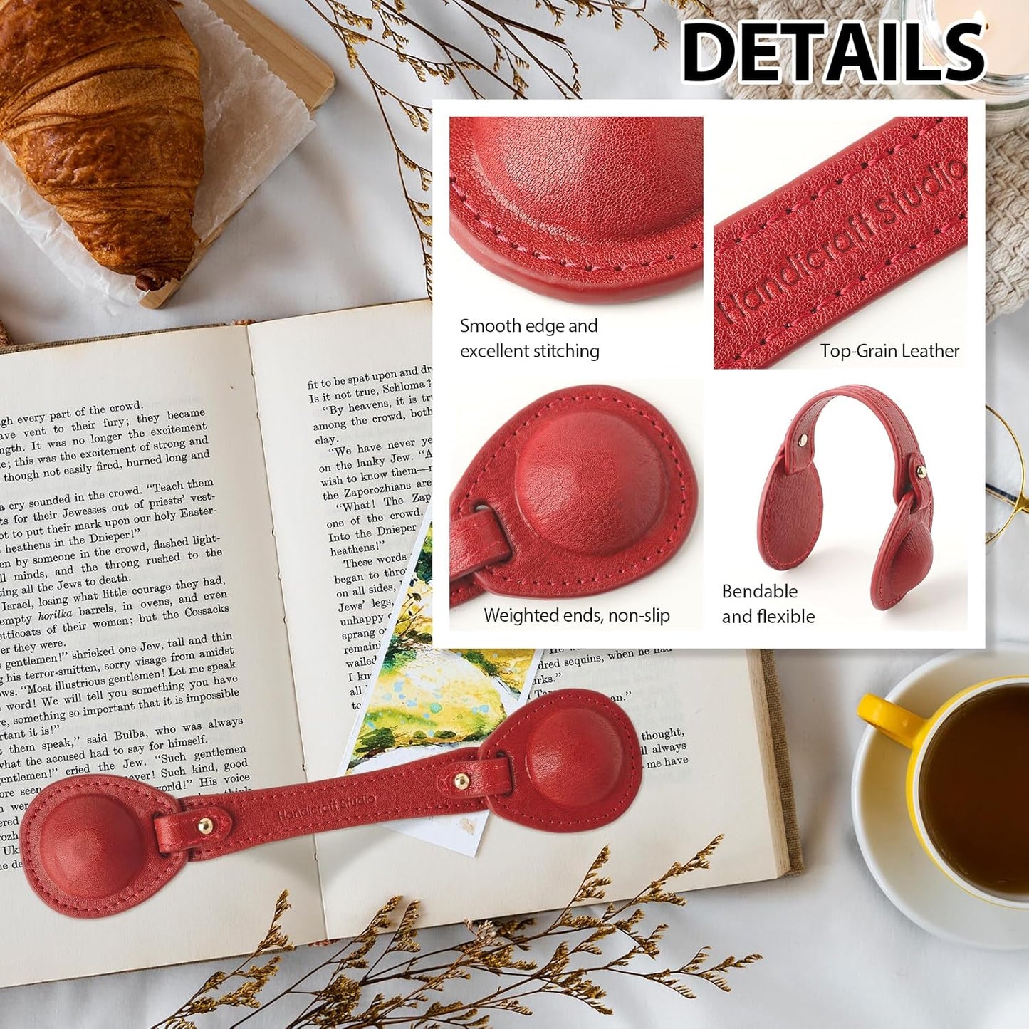 Leather Weighted Book Page Holder for Women Men, Book Weight Page Holder for Book Lovers, Book Accessories Gift for Reading Lovers (Red)
