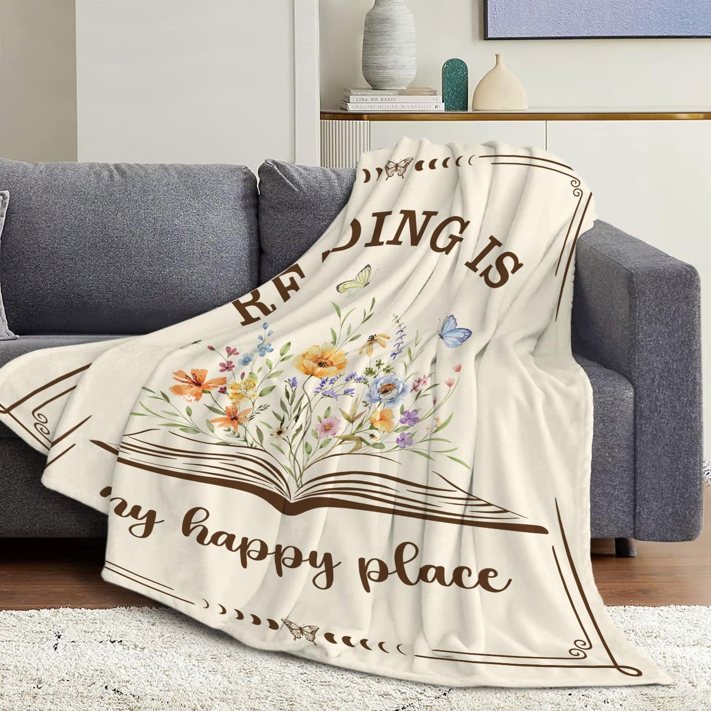 Book Lover Gifts for Women, Reading is My Happy Place Throw Blanket, Floral Book Butterfly Fleece Blanket for Reading Nook Couch, Cottagecore Librarian Teacher Gift 50x60 Inch