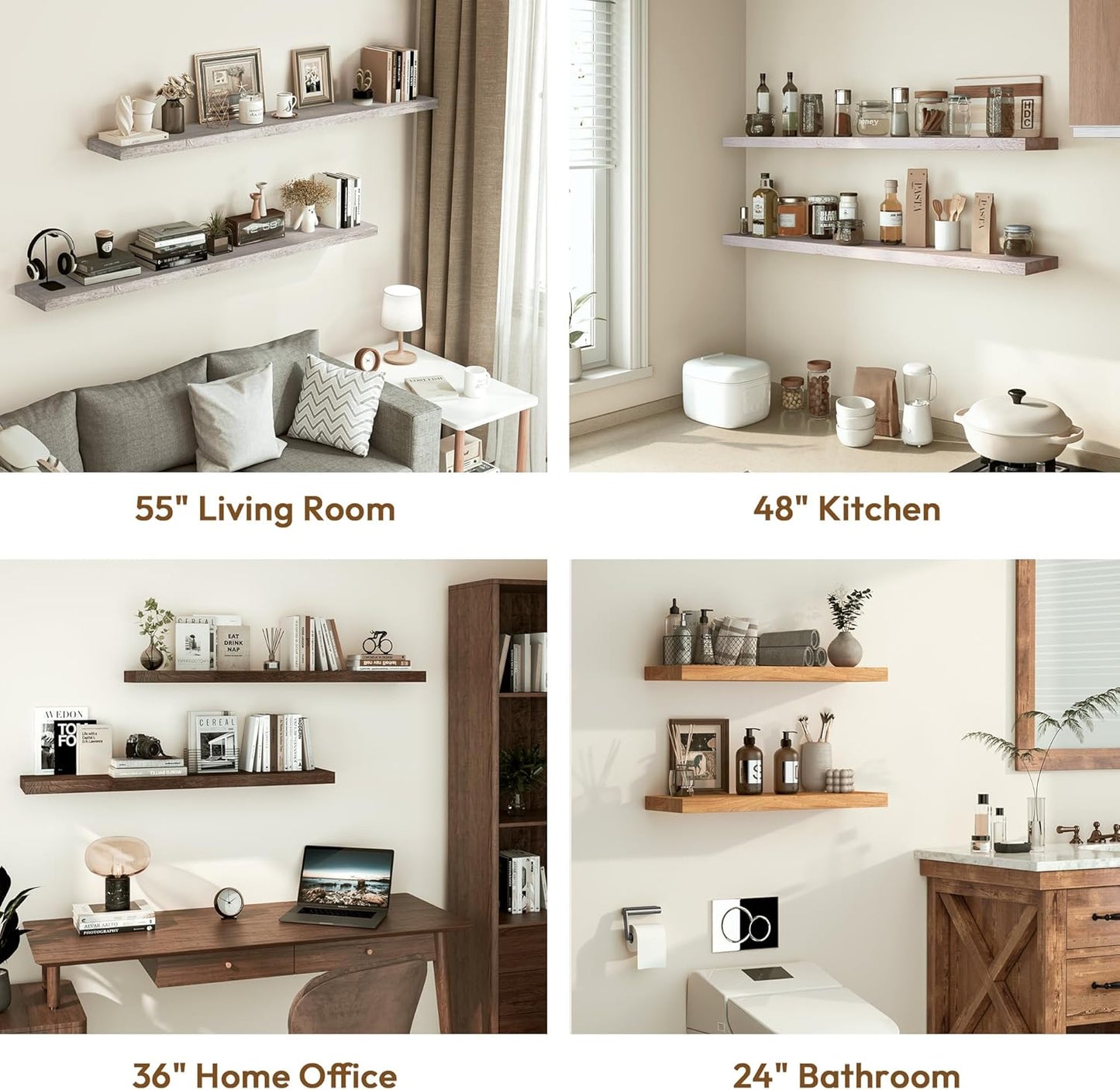 Vivelove Elm Floating Shelves for Wall Solid Wood, 24 Inches Long Rustic Wall Shelf with Invisible Bracket for Living Room Bedroom Bathroom Office Book, Farmhouse Wall Display Shelf, Set of 2 - Grey