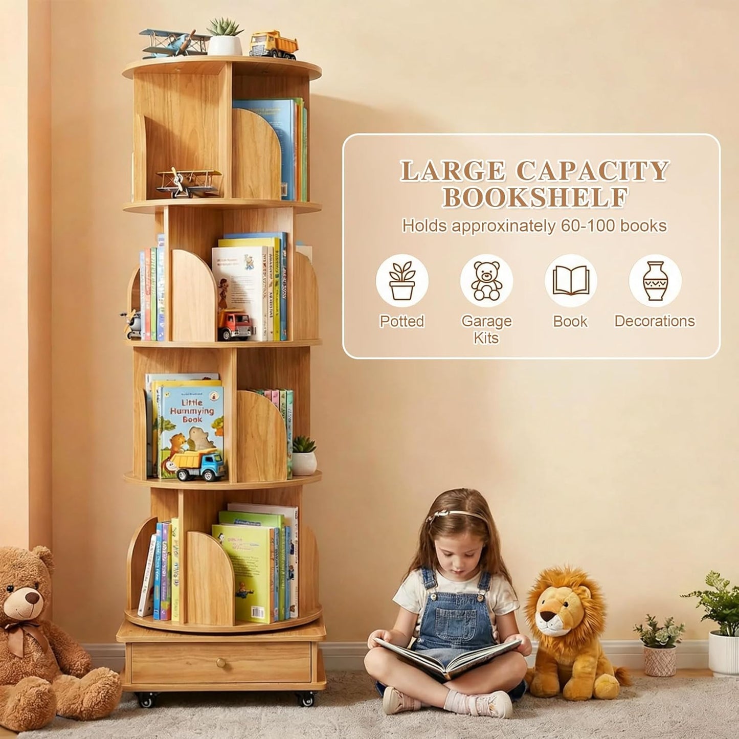 5-Tier 360° Rotating Bookshelf with Lockable Wheels & Drawer, Space-Saving Corner Unit, Holds 50 Books/Tier & Adjustable Height, Natural Wood MDF Storage for Bedroom, Office, Living Room