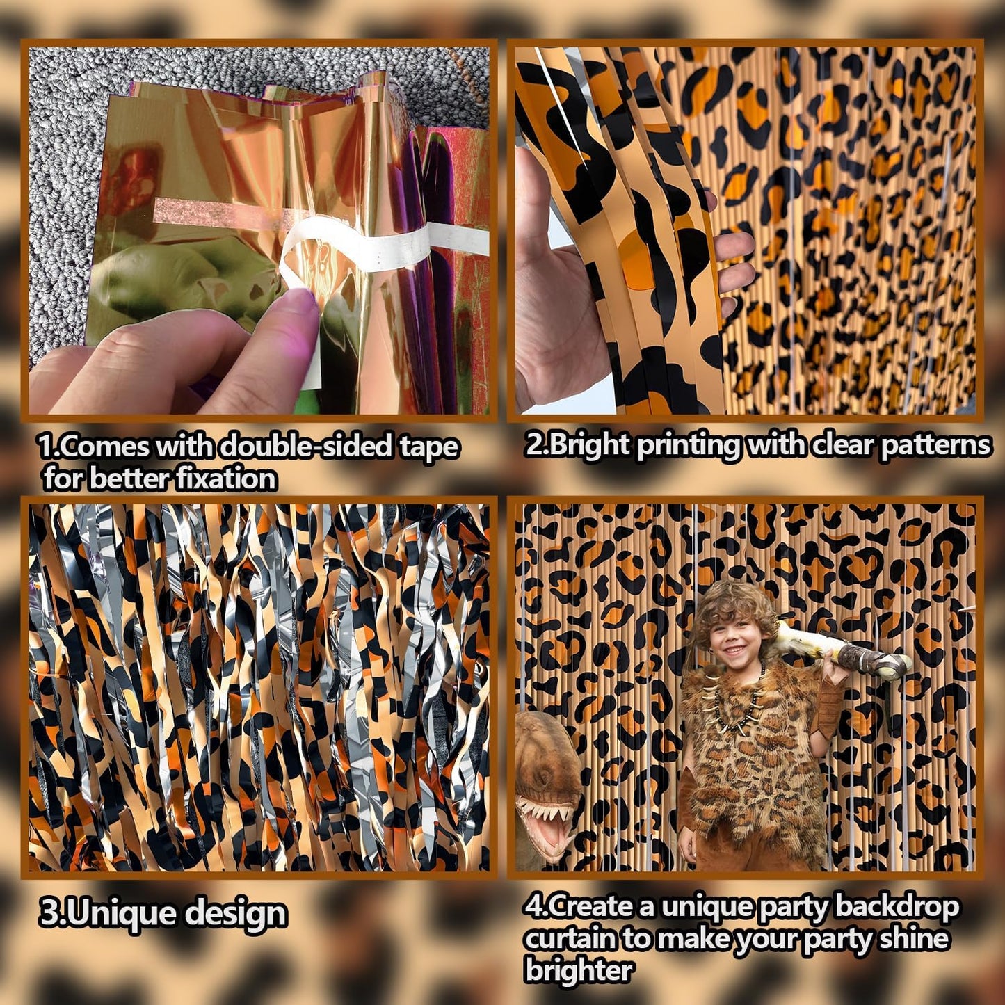 Cheetah Print Foil Fringe Curtains Birthday Decorations, 2 Pack 3.28 x 6.56 Ft Leopard Print Fringe Backdrop Cheetah Photo Booth Props Animal Birthday Party Decorations Favor Supplies