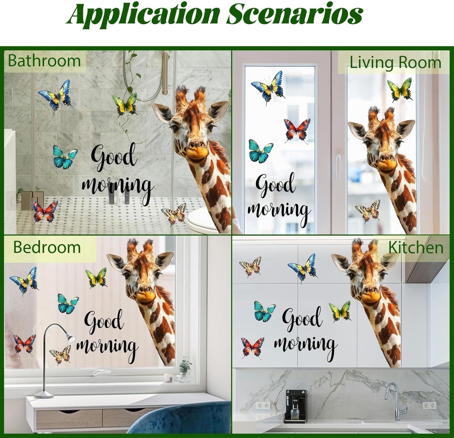 PLIGREAT Cartoon Giraffe Window Clings, Colorful Butterfly Window Stickers Good Morning Giraffe Peel and Stick Windows Decals for Living Room Bedroom School Glass Door Home Decoration