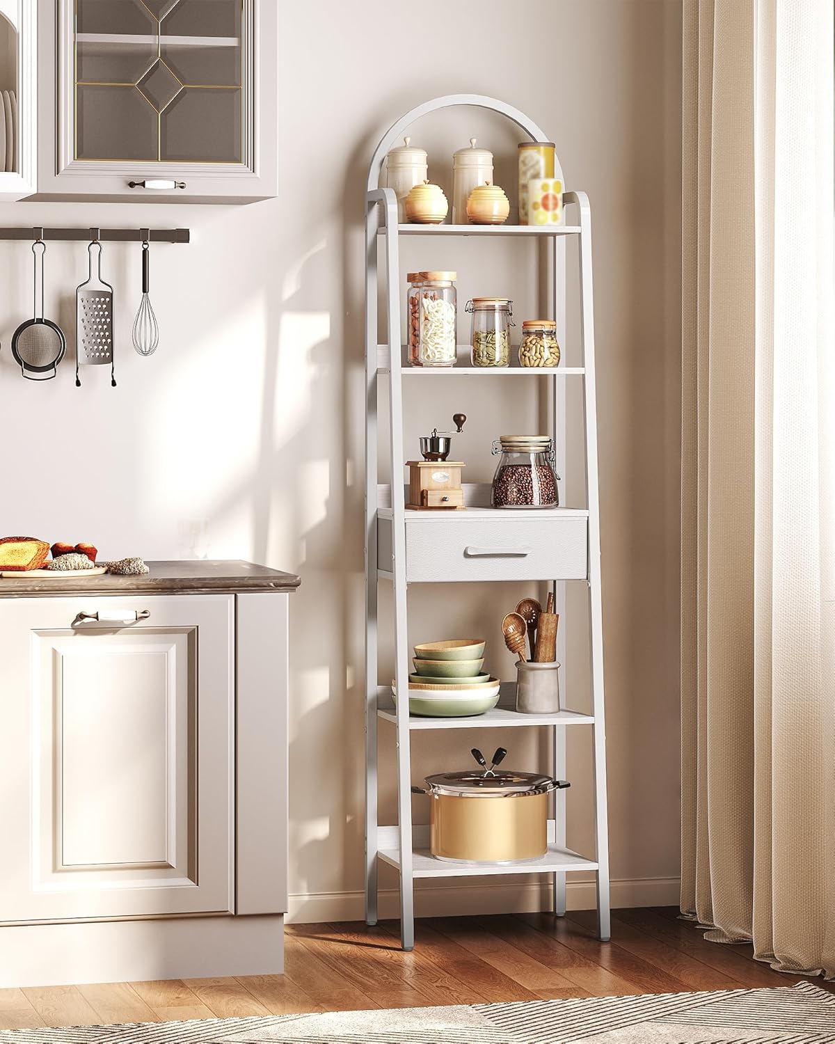 5 Tier Ladder Shelf with Drawer, Tall Ladder Bookshelf, Standing Bookcase with Metal Frame for Living Room, Bathroom, Home Office, Study, Balcony, White TCJ07WB
