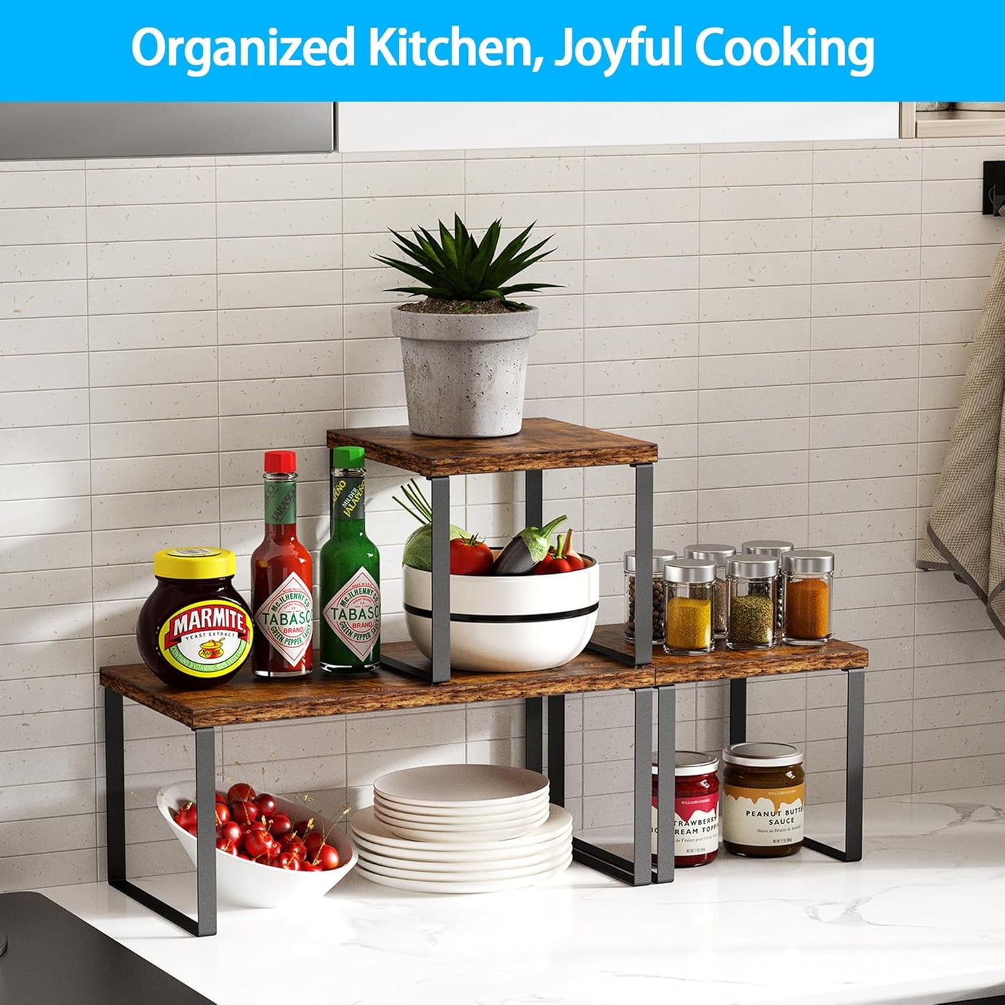 Golener Countertop Organizer Corner Shelf, 2 Tier Adjustable Stackable Corner Shelves for Kitchen, Bathroom, Spice Rack, Coffee Area, Cabinet, Dresser Table, Corner Counter Shelf Stand, Rustic Brown