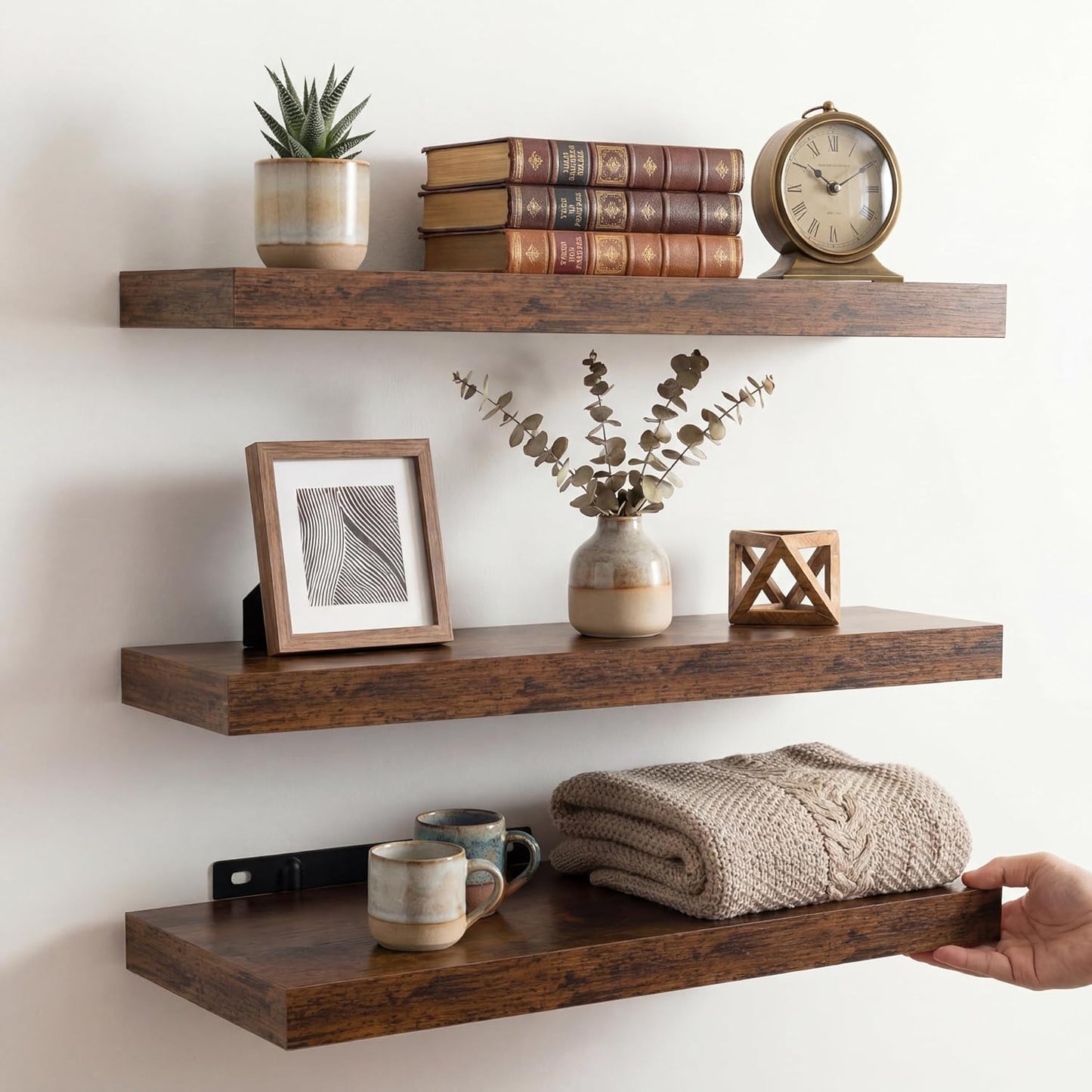 16 Inch Oak Floating Shelves Set of 3, Brown Wall Mounted Shelves with Hidden Brackets, Thin Floating Shelves for Wall Decor, Kitchen Bathroom Bedroom Office