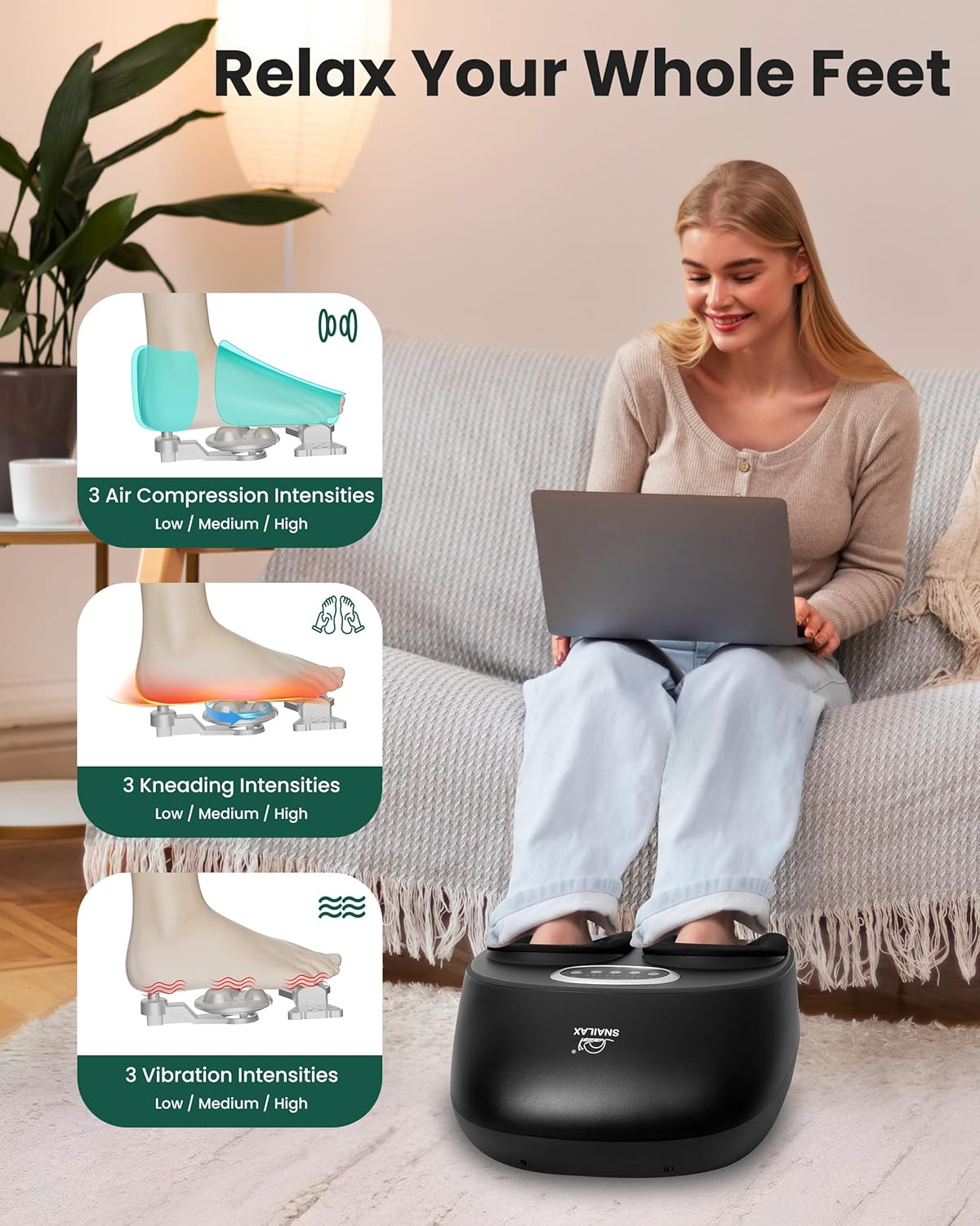Snailax Shiatsu Foot Massager Machine with Soothing Heat, Deep Kneading, Air Compression, Improve Blood Circulation and Foot Wellness,Relax for Home or Office Use