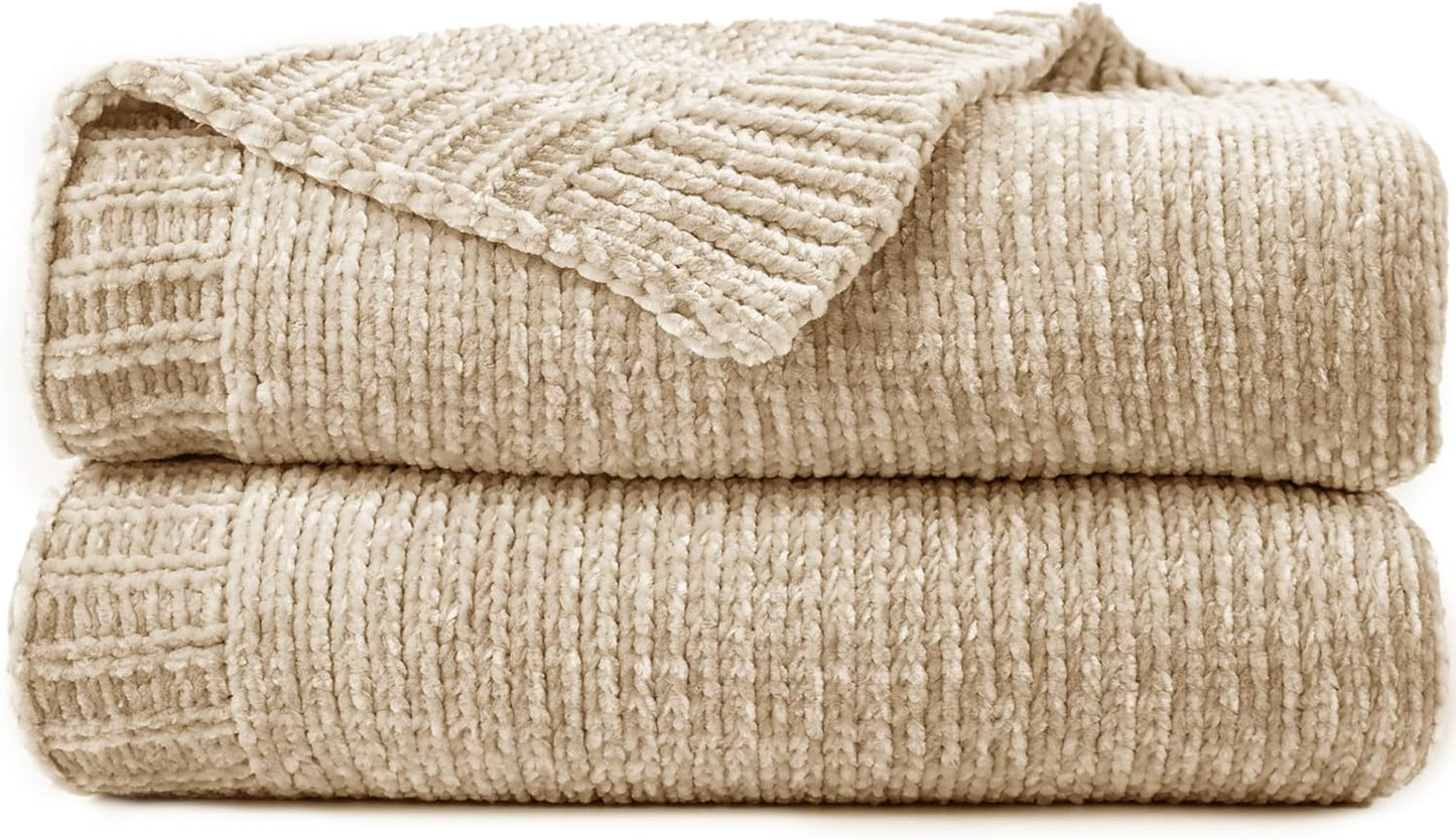 Chenille Throw Blanket for Couch, Cozy Soft Blanket Lightweight Decorative Throw for Living Room Sofa Chair, Stylish Home Decor, Ideal for Gifting, Beige 50"x60"