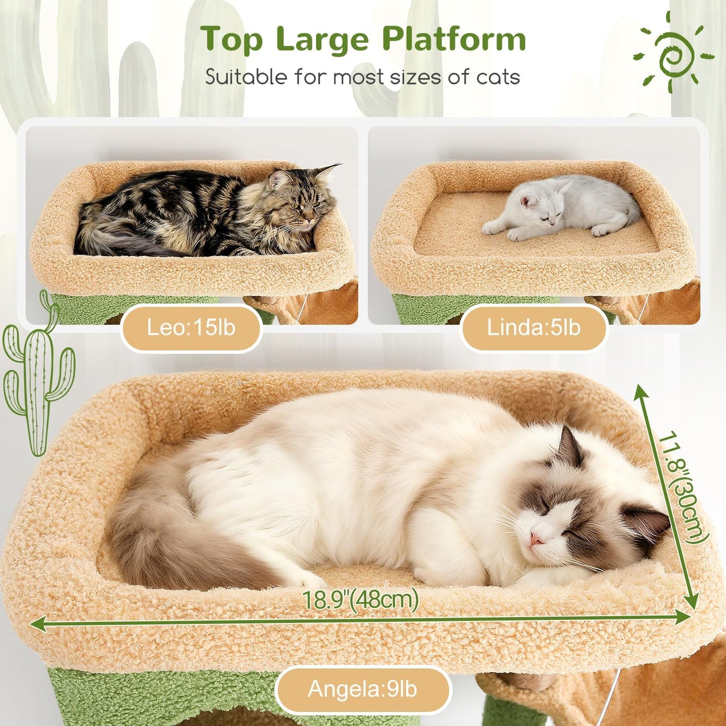 Globlazer Corner Cactus Cat Tree 66 inch Multi-Level Cactus Climbing Tower Kitty Condos Cat Scratching Tower for Indoor Multiple Cats with Large Platform, 3 Cat Caves, F66, Green