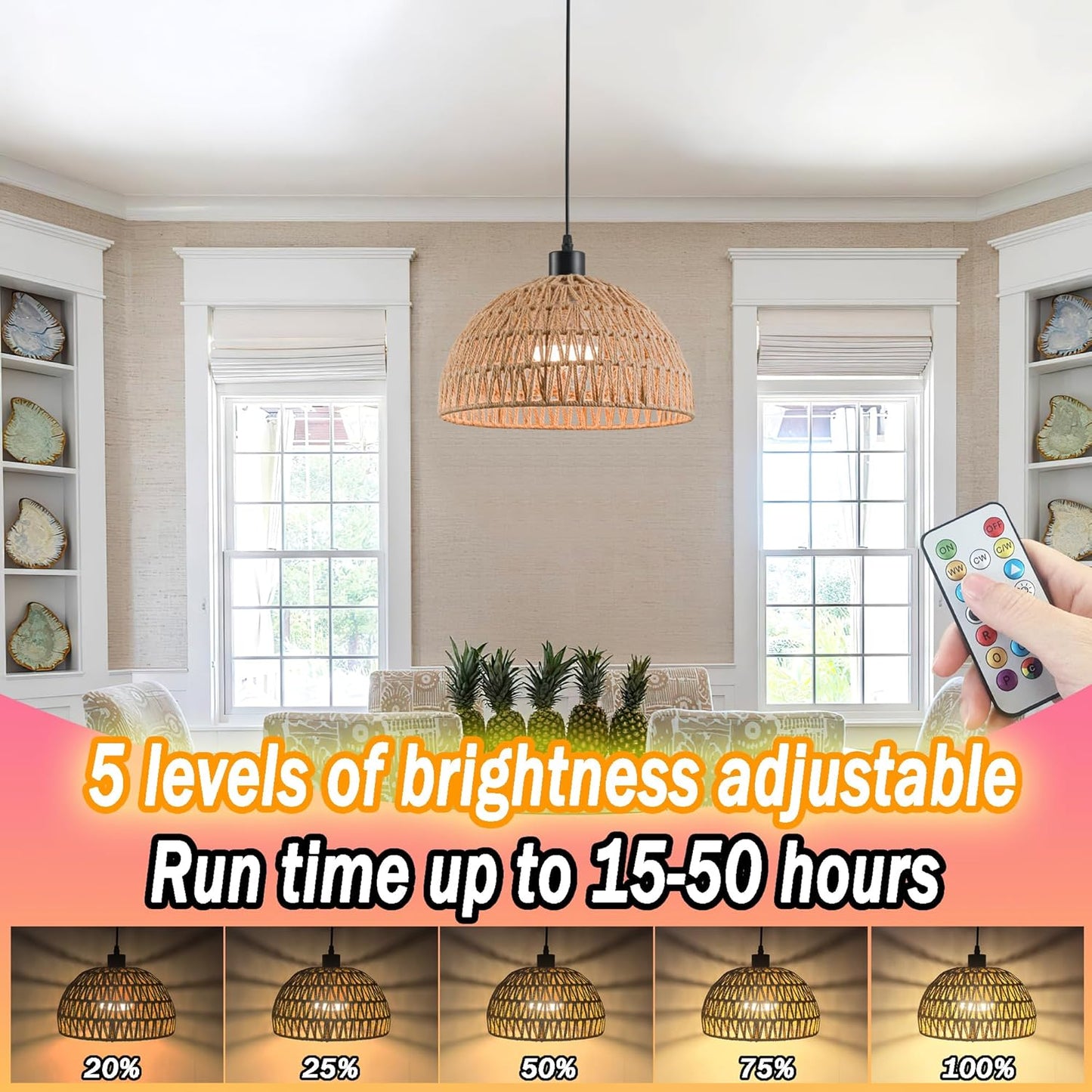 Battery Operated Pendant Light with Remote,Battery Ceiling Lights No Wiring,Battery Chandelier with RGB Rechargable Light Bulbs 50hrs Battery Life,2 Pack Rattan Boho Hanging Light for Kitchen Island