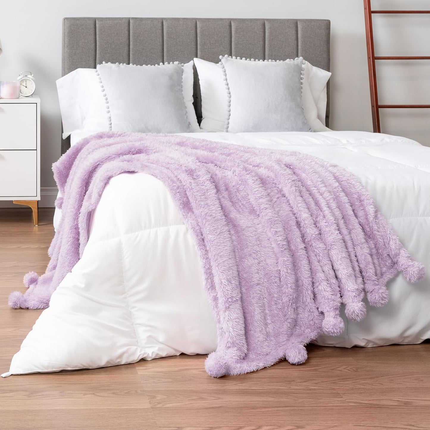 PAVILIA Lavender Sherpa Throw Blanket for Couch, Warm Plush Pom Pom Blanket Throw, Light Purple Fuzzy Sofa Throw, Lightweight Soft Cozy Fluffy Blanket with Pom Poms, Lavender, 50x60