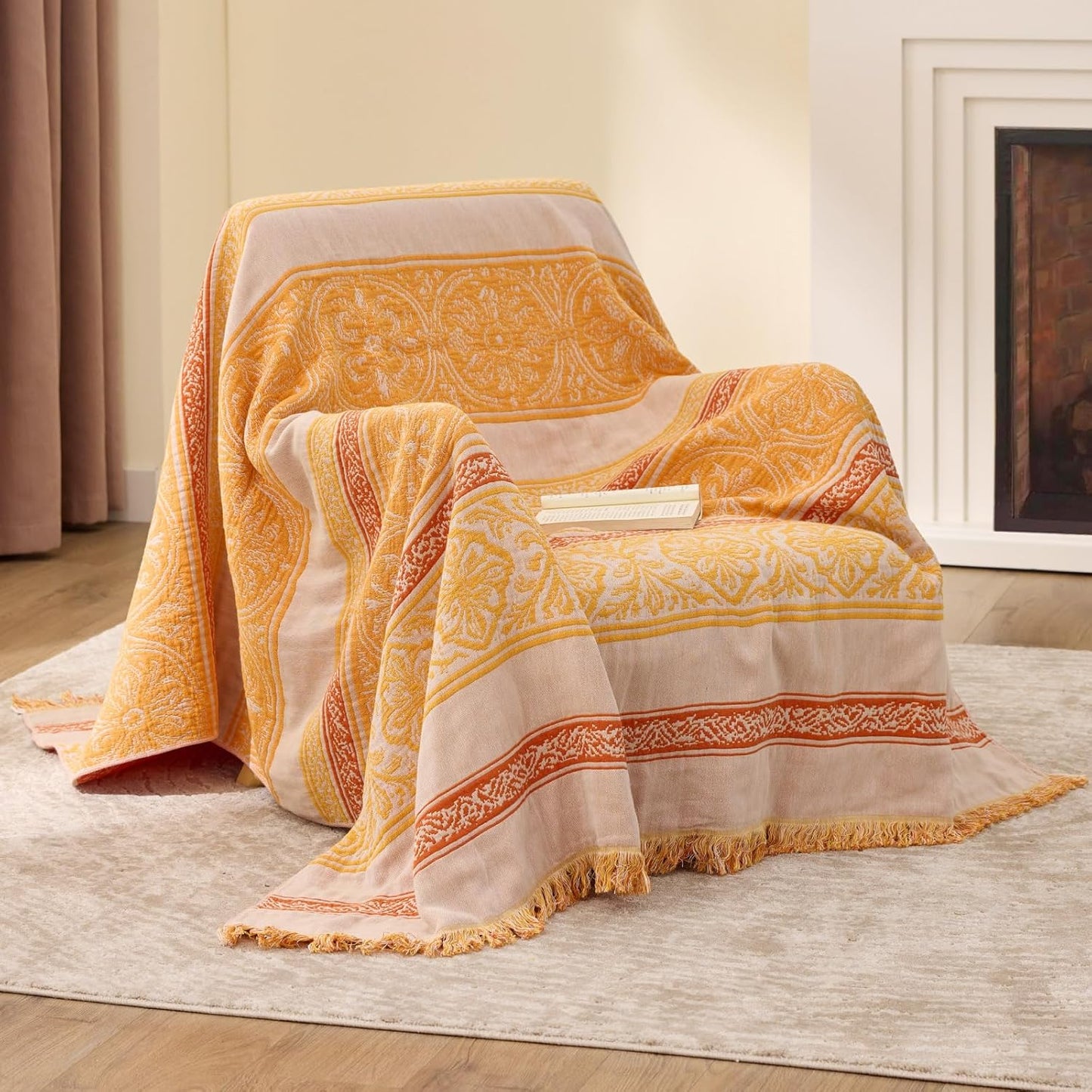 100% Cotton Boho Throw Blanket for Home Decor – Classic Farmhouse Quilt Bedding, Muslin Blankets for Adults, Vintage Woven Decorative Blanket for Couch, Bed Layering Use, Bohemian Stripe, 50"x60"