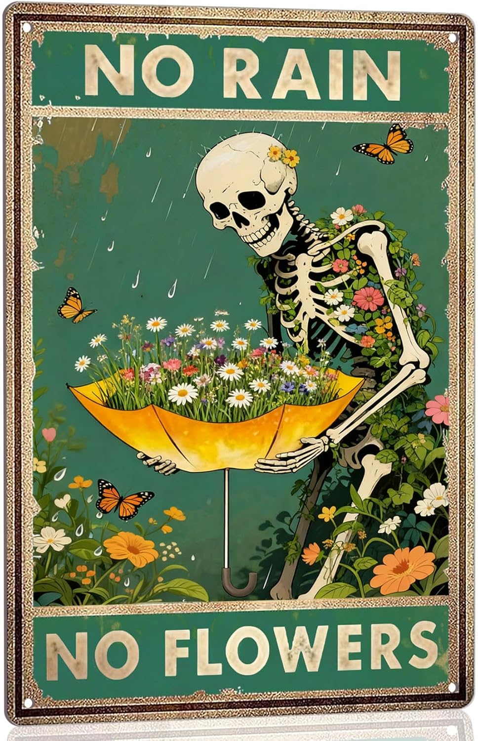 Retro Garden Metal Signs Vintage Skull Poster - No Rain No Flowers Sign, Floral Skull & Umbrella Wall Art Decor for Home, Garden, Bedroom, Living Room 8x12 Inch