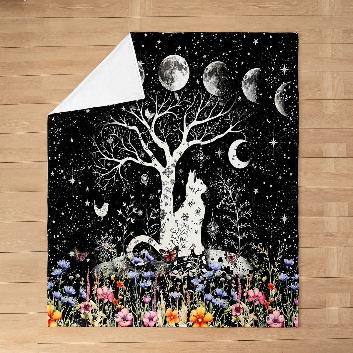 Feelyou Sun Moon Blanket Boho Exotic Cat Plush Throw Blanket, Bohemian Floral Flannel Fleece Blanket for Women Men Room Decor Galaxy Animals Throw 50"x60"