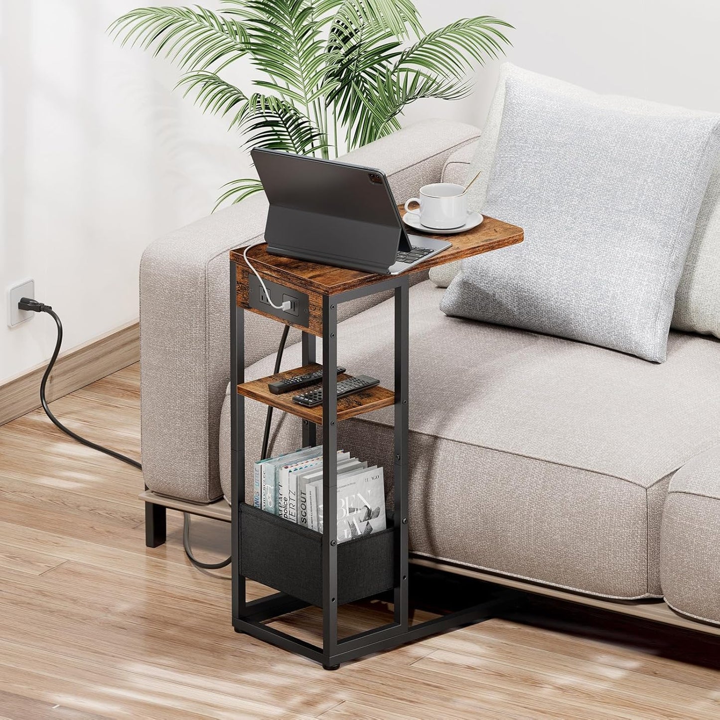 C-Shaped End Table with Charging Station — 3-Layer, Storage Bag, AC Outlet, USB Ports, Slide-Under Sofa Desk