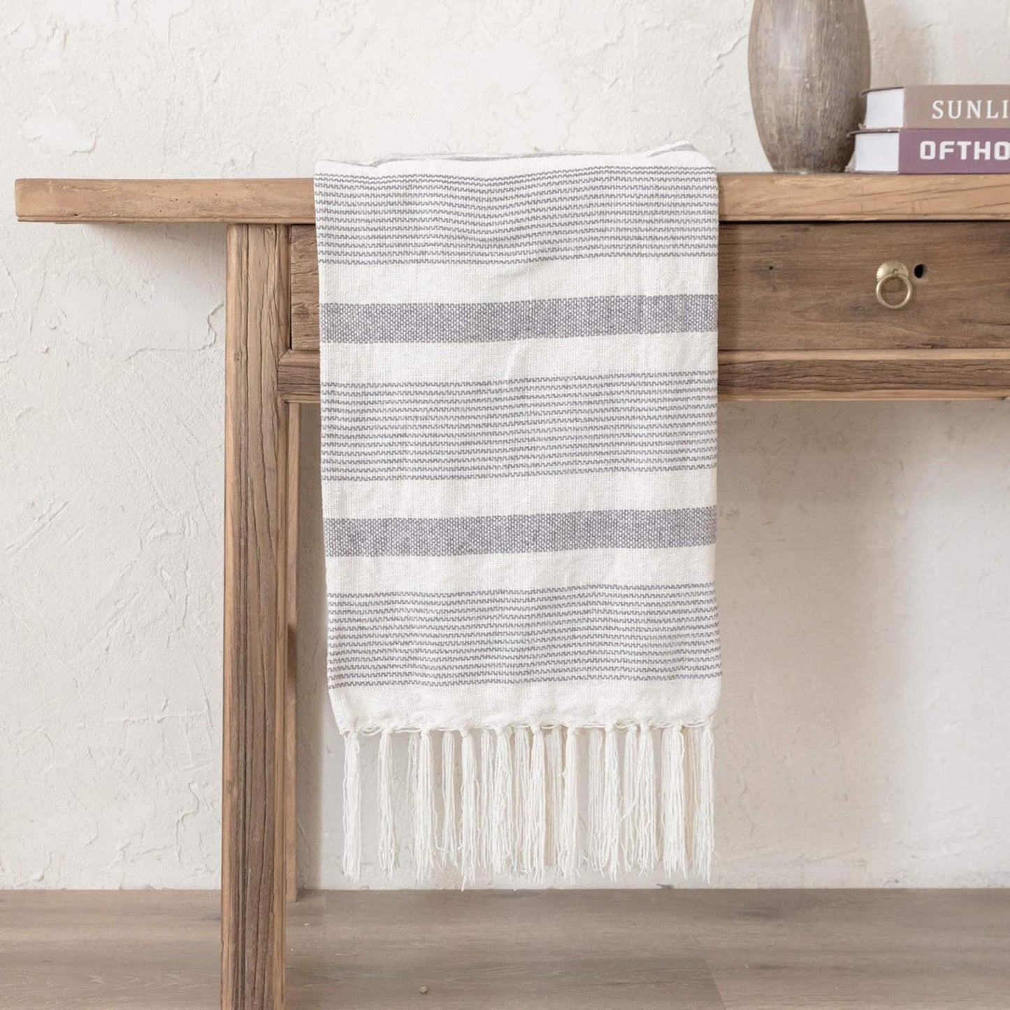 Decorative Grey Ivory Striped Throw with Fringe, Soft Chenille Knitted Farmhouse Lightweight Blanket with Tassels for Couch Sofa Chair Bed Office Home Décor, Gray and Off White,50" x 60"
