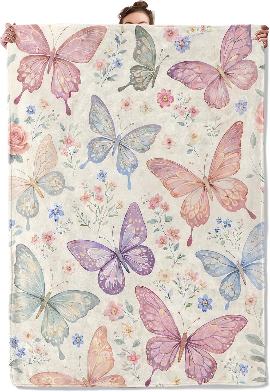 Pastel Butterfly Floral Throw Blanket, Watercolor Insect and Wildflower, Soft Flannel Fleece, 50x60 Inch, Couch Sofa Blankets for Women Nature Lovers, Cozy Elegant Cottagecore Home Decor Gifts