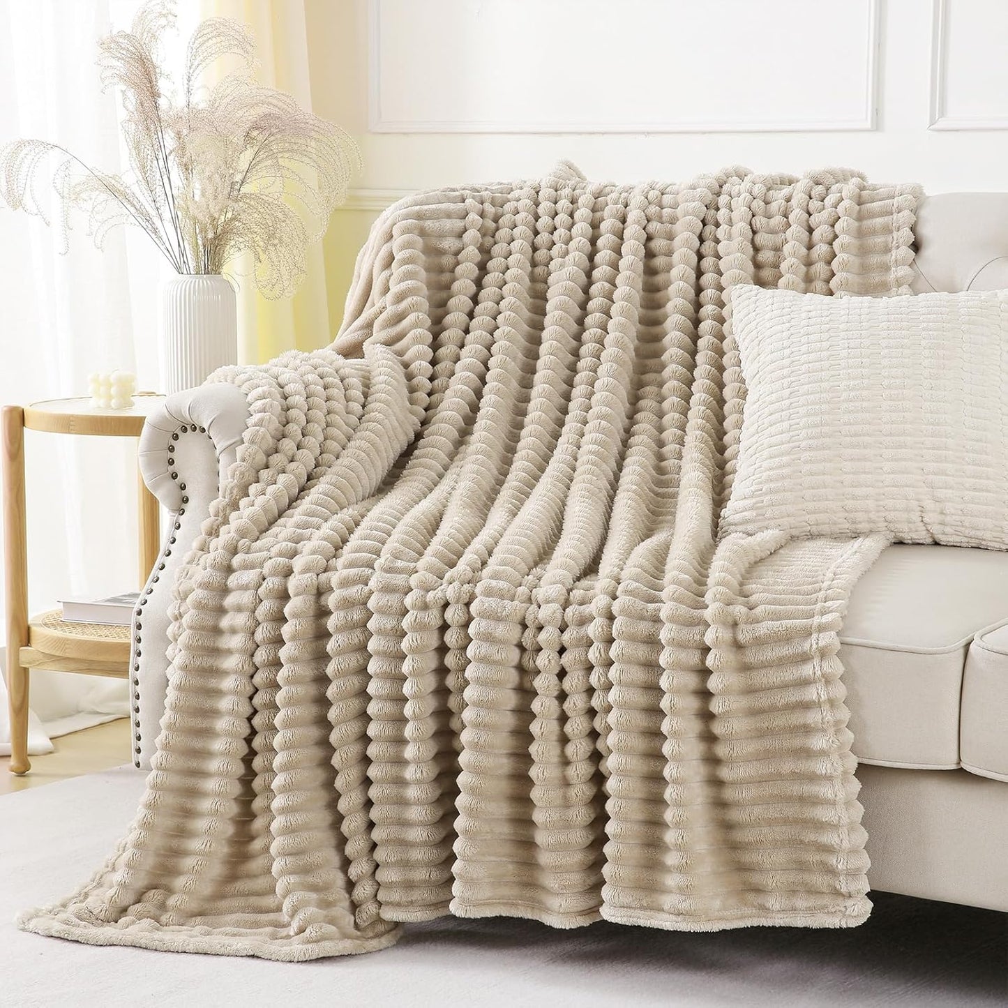 Khaki Throw Blanket for Couch Sofa 60x80 inches Striped Fleece Blankets Room Home Decor Lightweight Plush Soft Cozy Gifts for Women Mom Girls